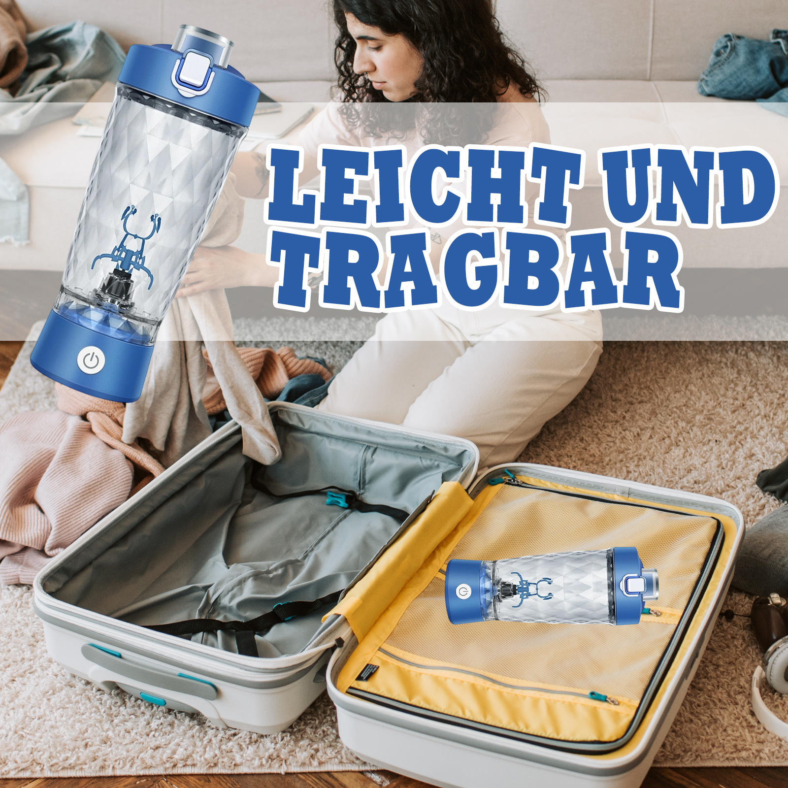 Eine Frau packt einen Koffer, während sie einen blau-weißen Shaker hält. Text sagt: LEICHT UND TRAGBAR.