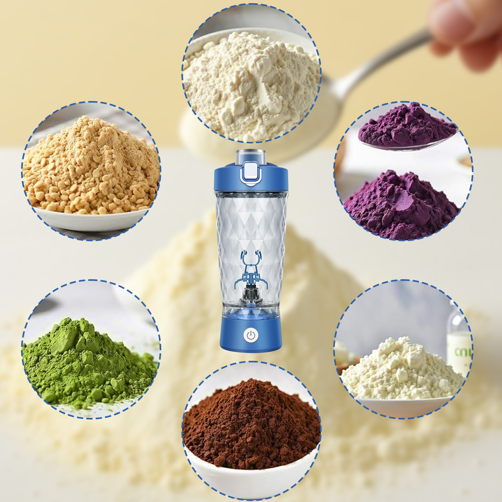 Mixer mit Pulvern. Pulver sind Kakao, Matcha, Protein, Erdnuss, weiß und lila.