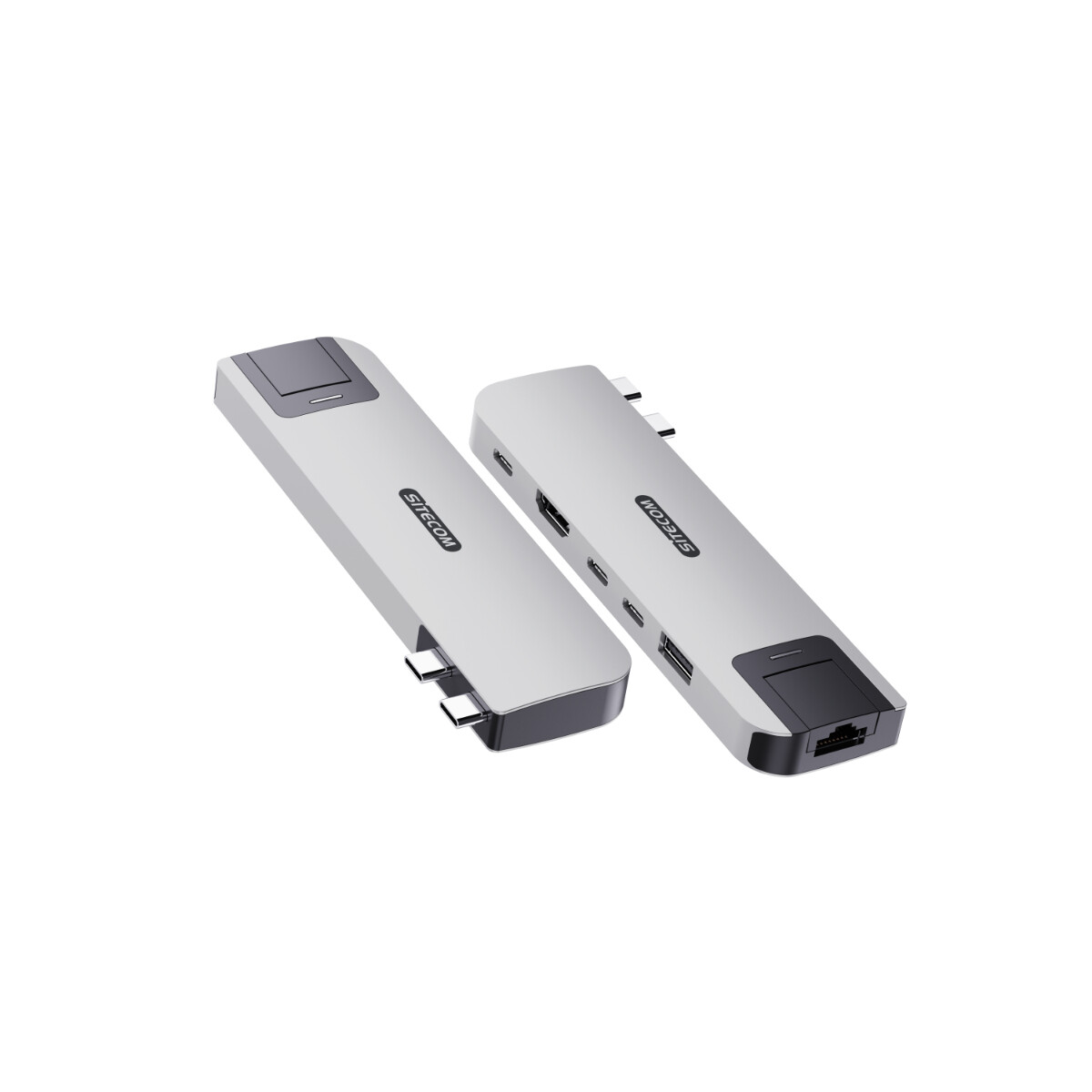 Zwei silberne Sitecom USB-C-Hubs. Eine Seite hat Anschlüsse, die andere einen kleinen Knopf.