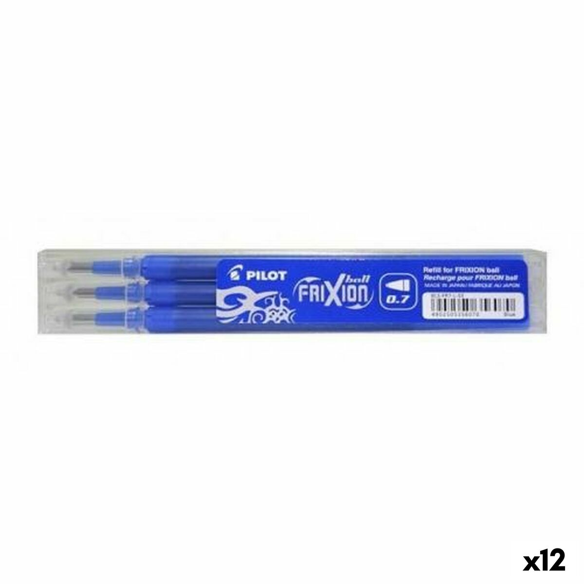 Eine Packung blaue Pilot Frixion 0,7 Kugelschreiberminen. Die Packung hat drei sichtbare Minen.