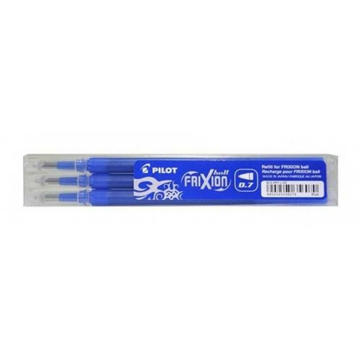 Eine Packung blaue Pilot Frixion 0,7 Kugelschreiberminen. Die Packung hat drei sichtbare Minen.