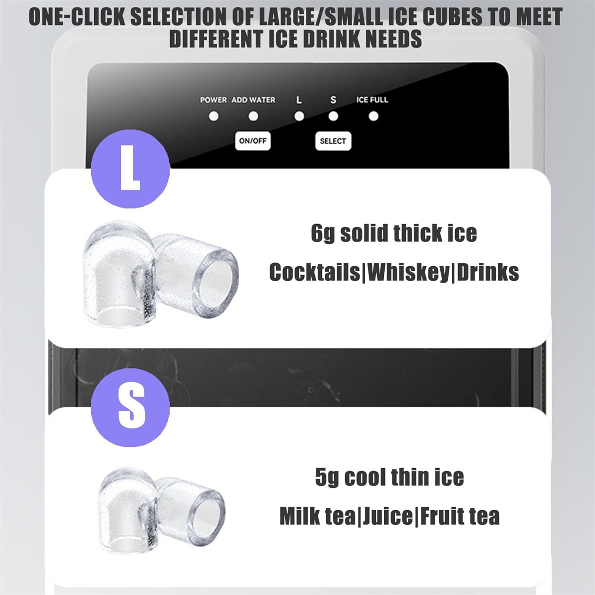 Ein Eisbereiter mit einem Display, das Würfelgrößen zeigt. Es zeigt große und kleine Eiswürfel und Getränkearten.