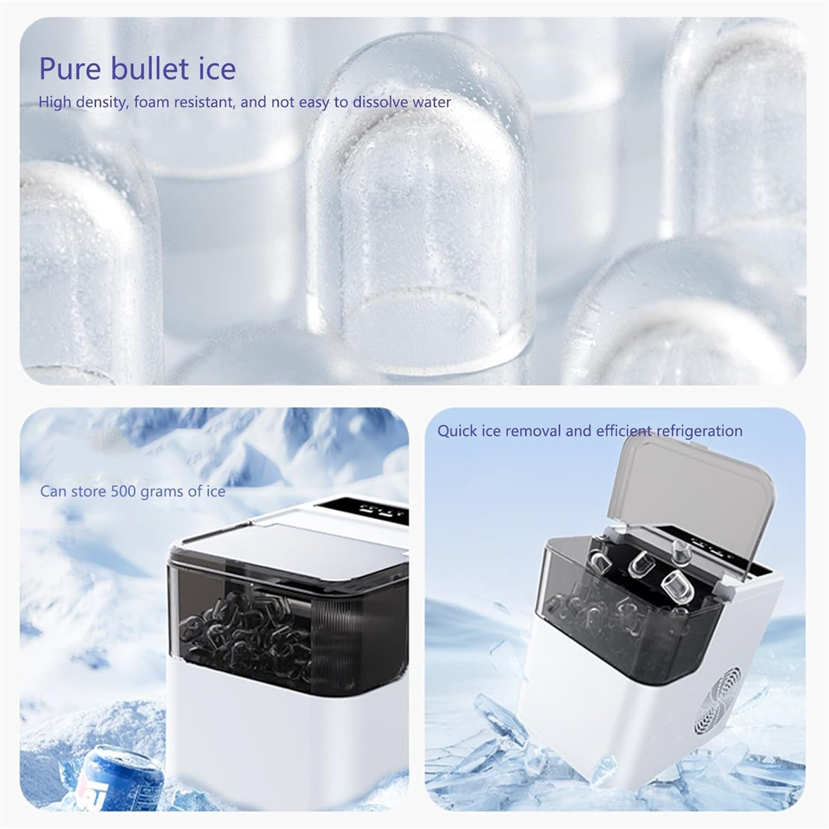 Ein Eisbereiter zeigt Eiswürfel und ein Eiswürfelbehälter. Es zeigt auch einen Eisbereiter mit Eiswürfeln darin.