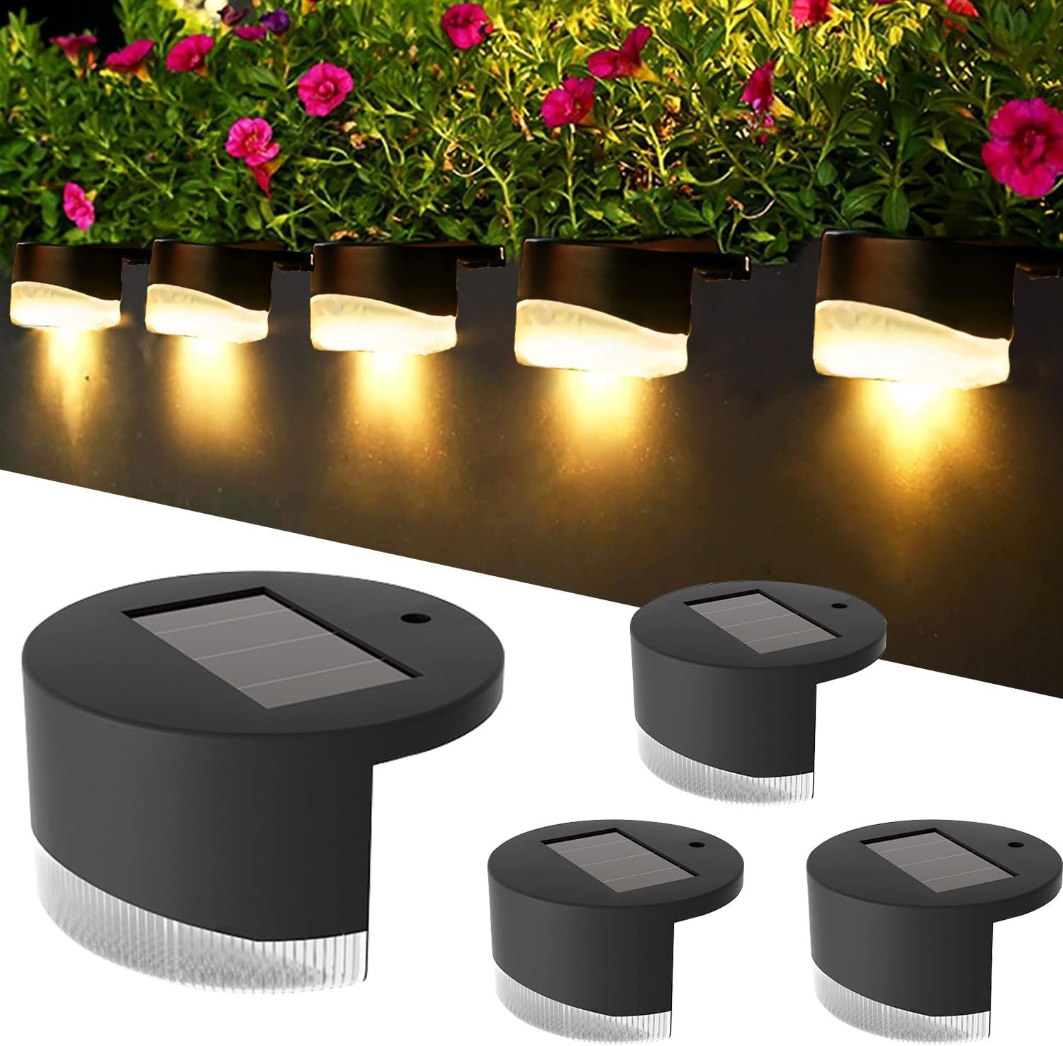 Solarbetriebene Gartenleuchten an einer Wand, die Lichter leuchten und von rosa Blumen umgeben sind.