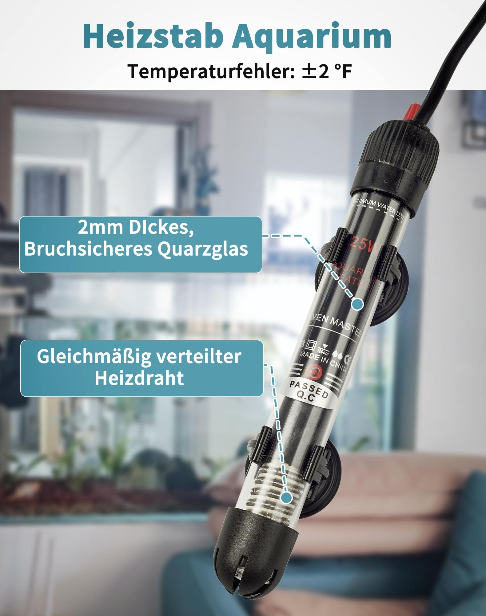 Ein Aquariumheizer mit schwarzem Sockel. Es hat Saugnäpfe und ein Zifferblatt zur Temperatureinstellung.
