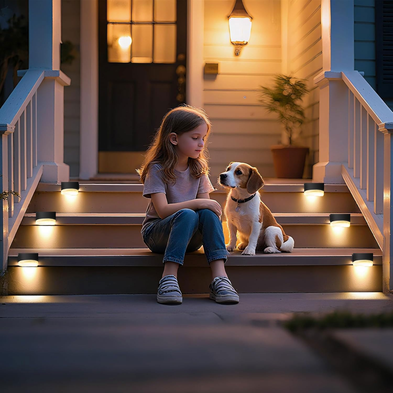 Ein Mädchen und ein Hund sitzen auf Stufen, die von Lichtern beleuchtet werden. Nachtszene.