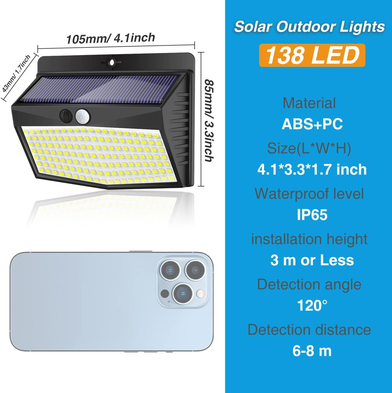 Solar-Außenleuchte mit Abmessungen, 138 LED, ABS+PC-Material, IP65 wasserdicht und Erkennungsdetails.