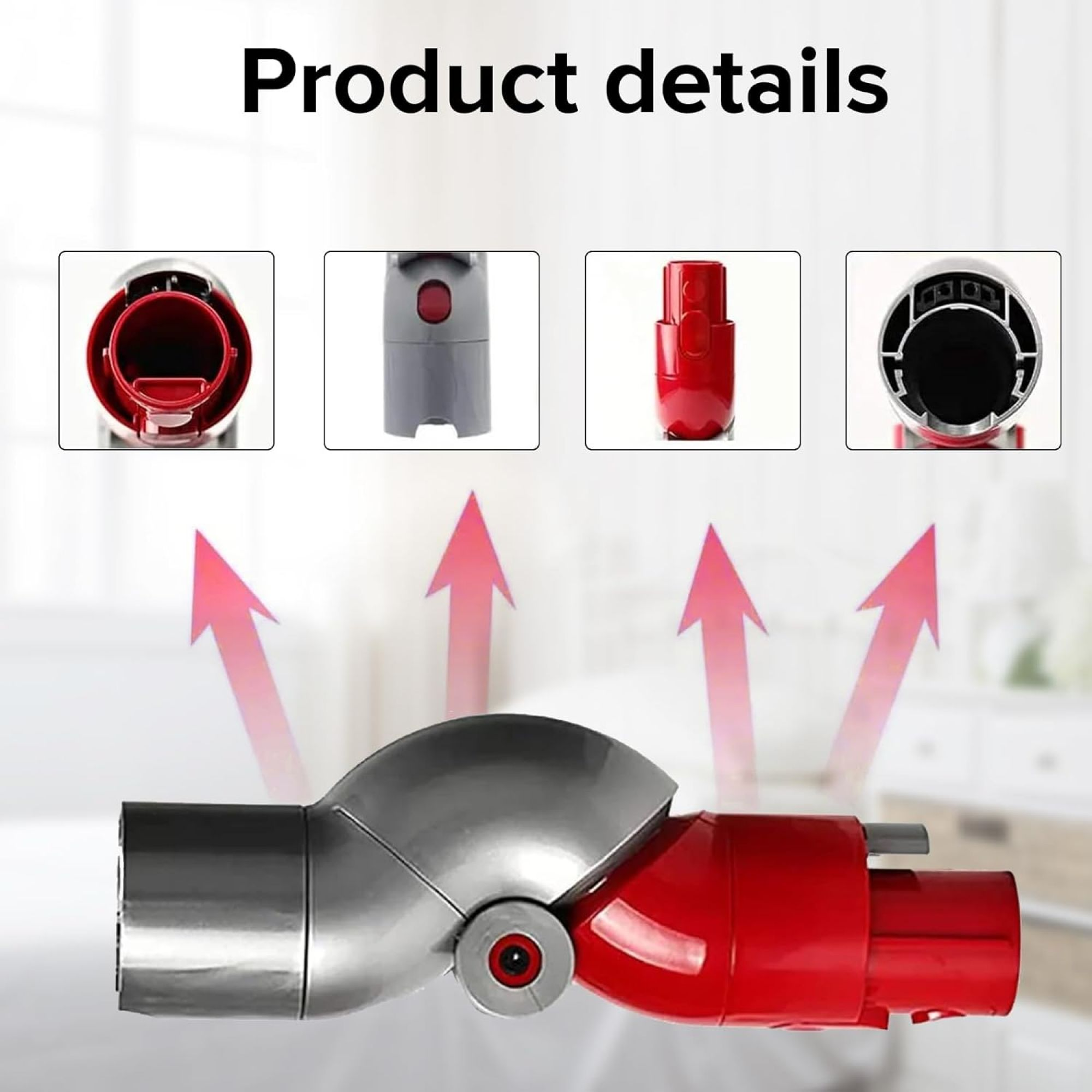 Nahaufnahme Produktdetails, die Teile eines Staubsaugers zeigen, einschließlich eines roten Gelenks.