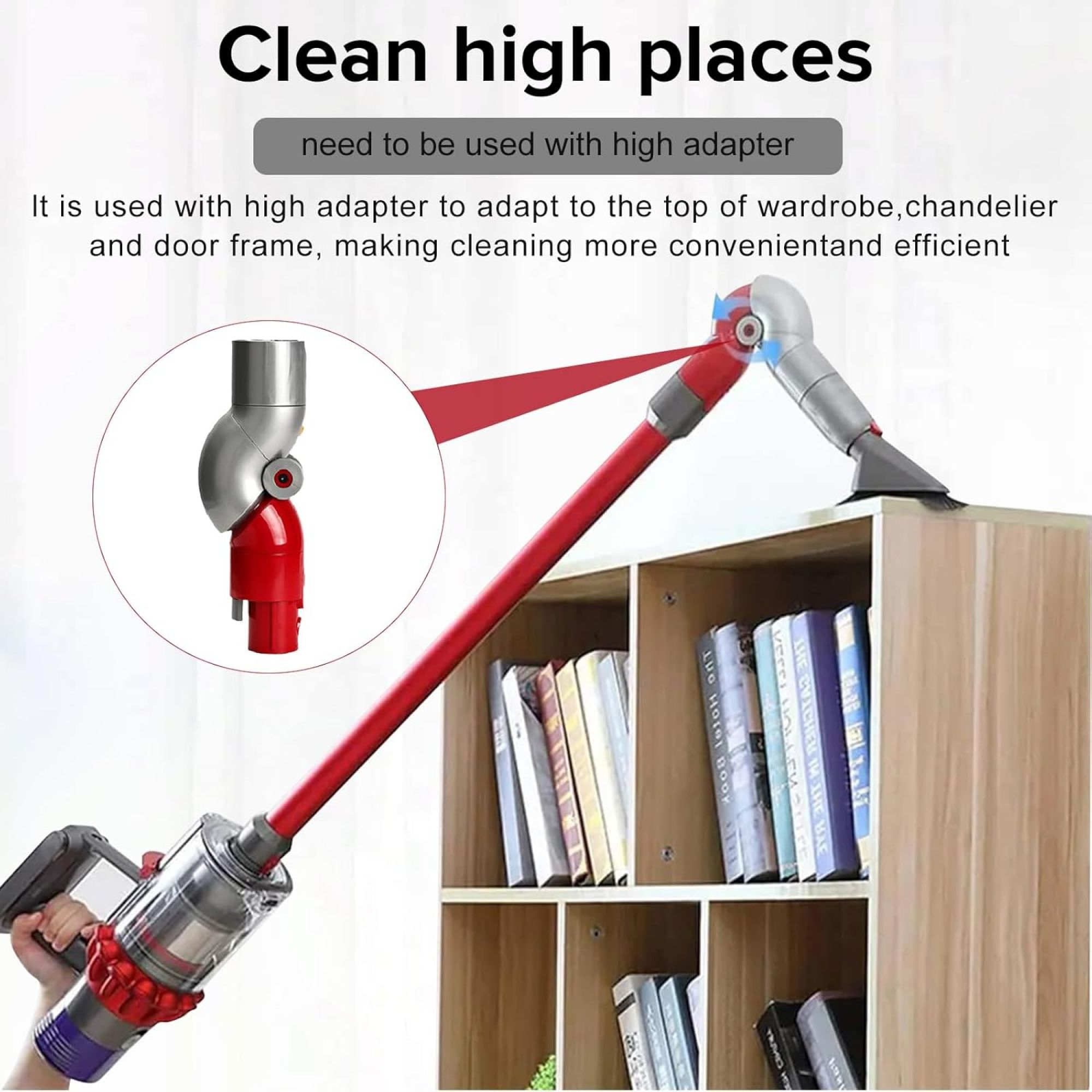 Staubsauger mit roter Verlängerung reinigt Bücherregal. Anleitung mit rotem Pfeil.