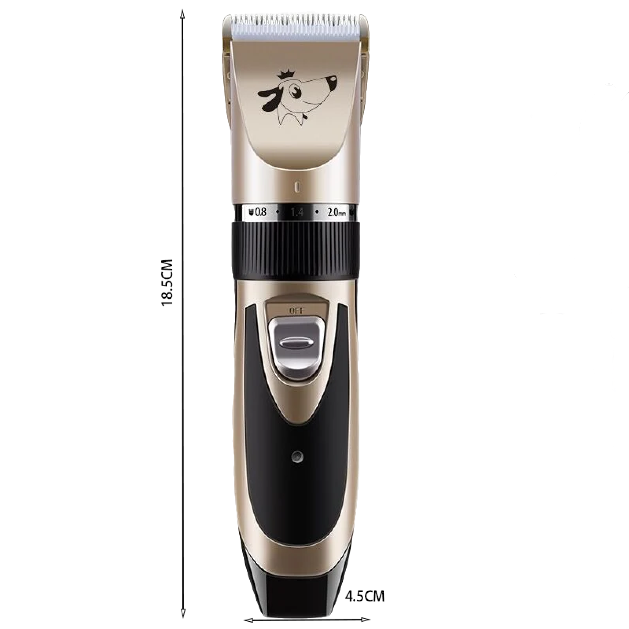 Eine goldene und schwarze Hundefrisur-Haarschneidemaschine mit einem Hundegesicht-Design. Abmessungen sind angegeben.