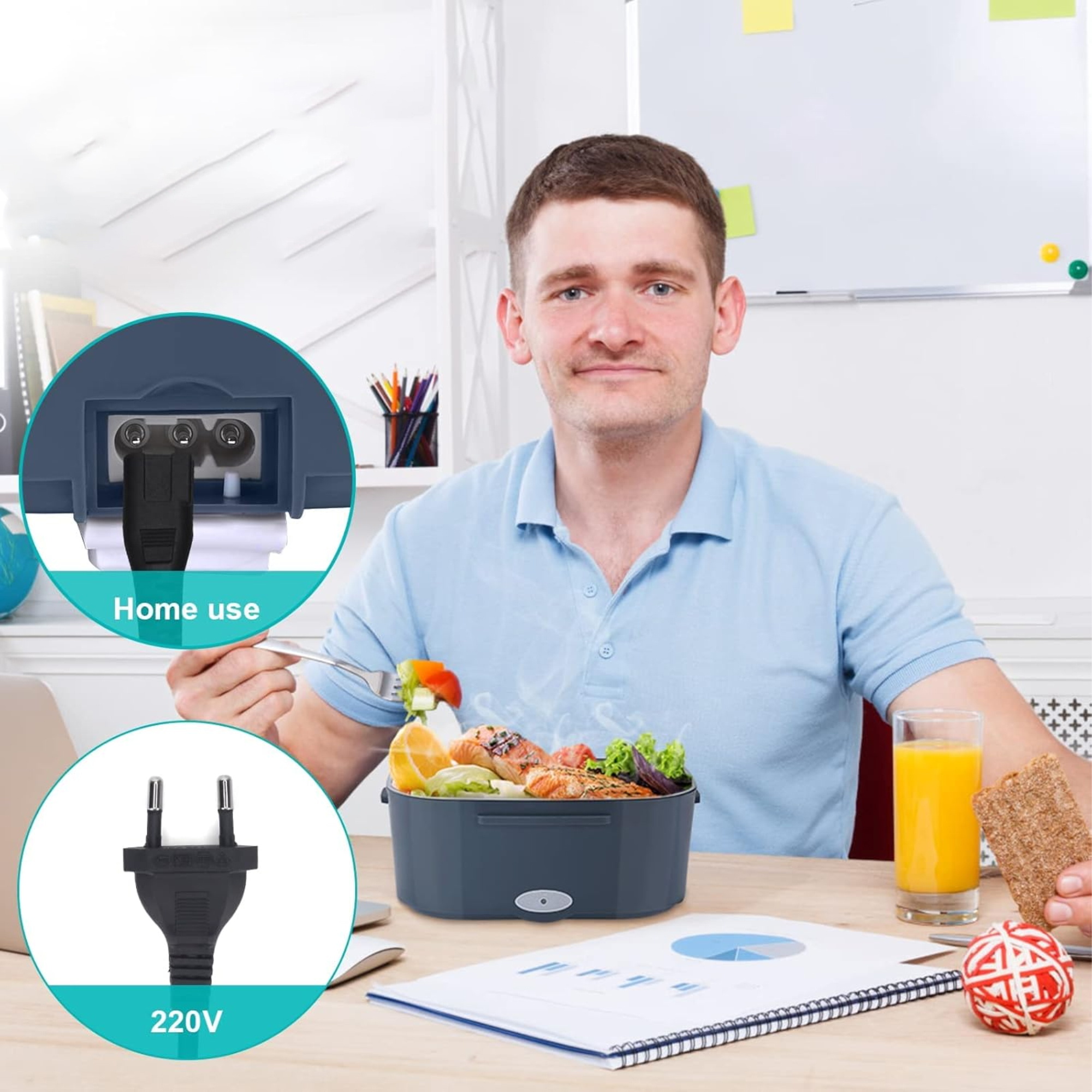 Ein Mann lächelt, mit einer beheizten Lunchbox und einem Stecker, und einer 220V-Stecker-Grafik.