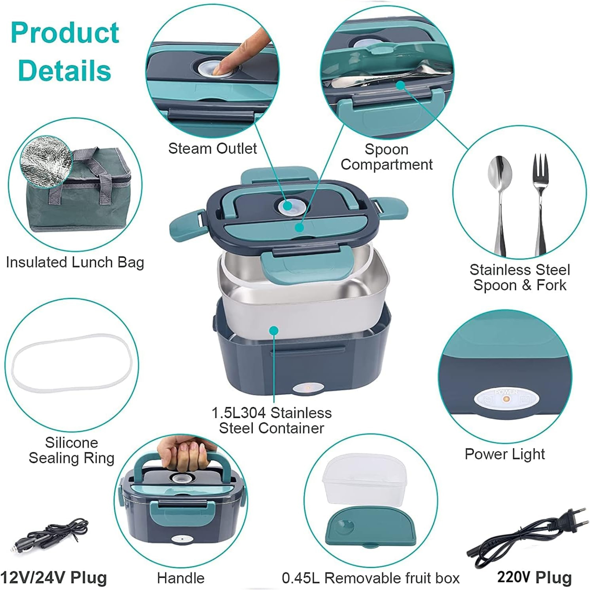 Details der beheizten Lunchbox: Dampfauslass, Löffelfach, Stahlbehälter, Obstbox und 220V-Stecker.