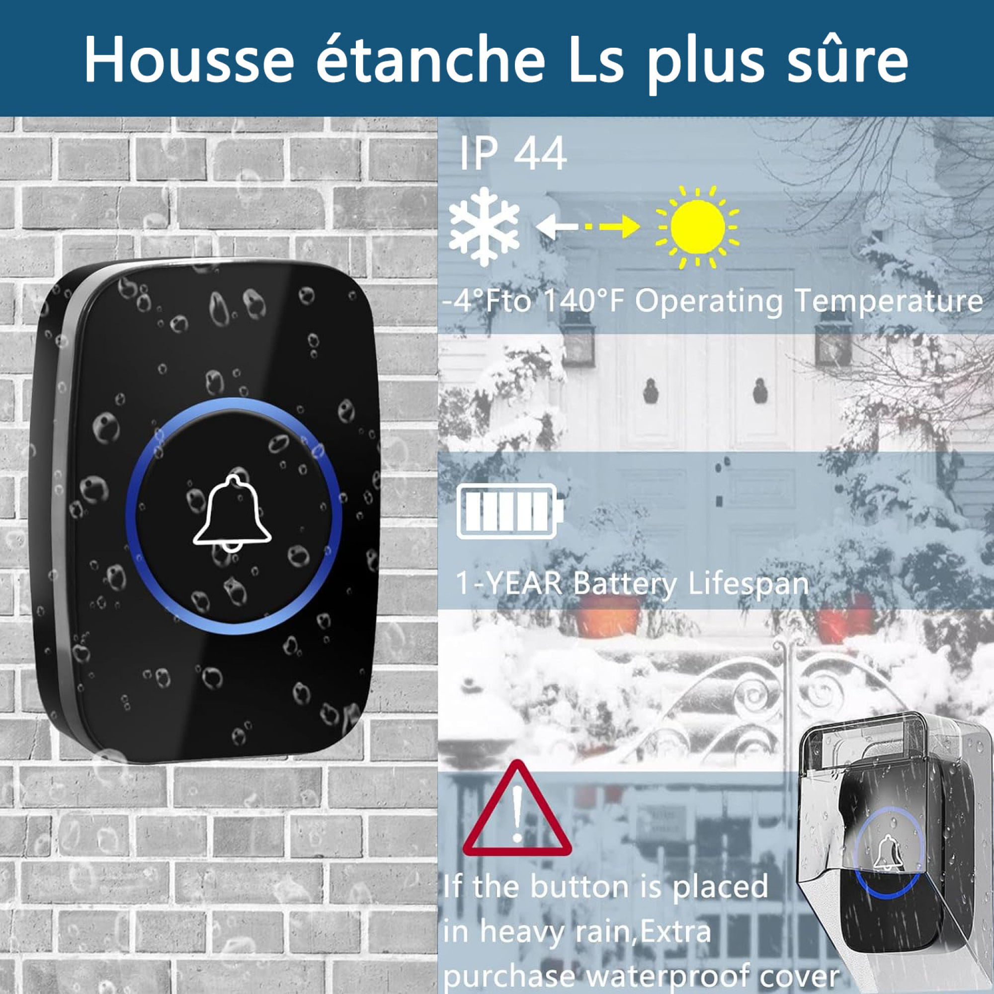Schwarze Türklingel mit blauem Licht, Regen- und Schnee-Icons, Temperaturbereich und Akkulaufzeit. Wasserdichte Abdeckung.