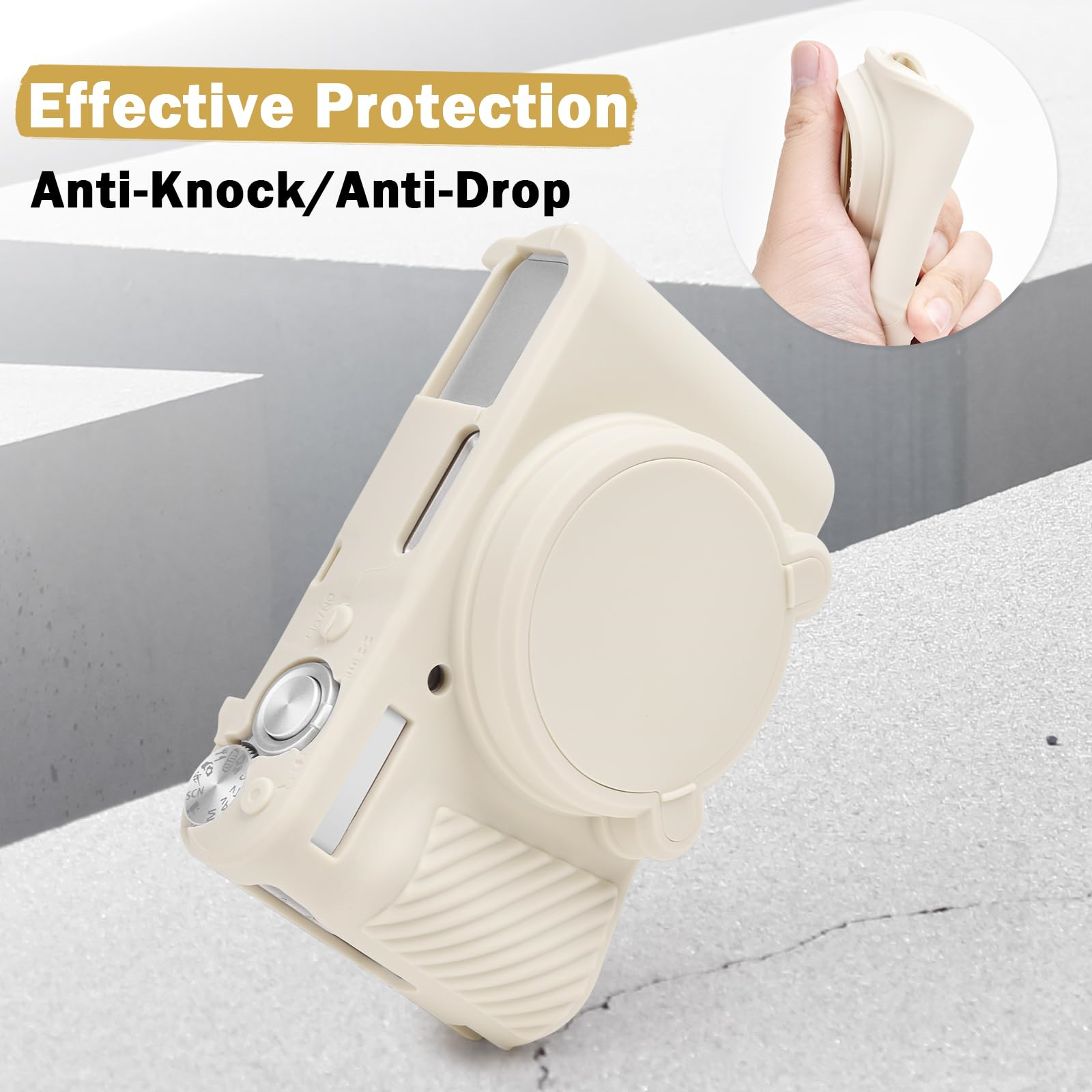 Beige Kameratasche, Anti-Klopf- und Anti-Drop-Schutz. Eine Hand drückt auf einen Teil der Tasche, um Flexibilität zu zeigen.