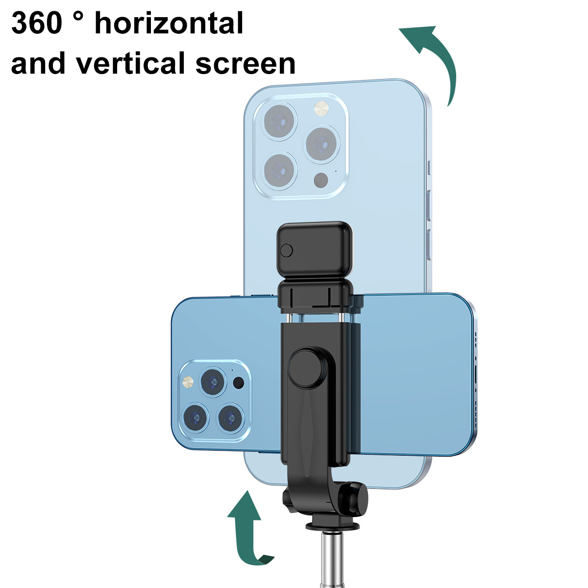 Ein Telefon auf einem Selfie-Stick kann sich um 360 Grad drehen. Pfeile zeigen die horizontale und vertikale Drehung des Bildschirms an.