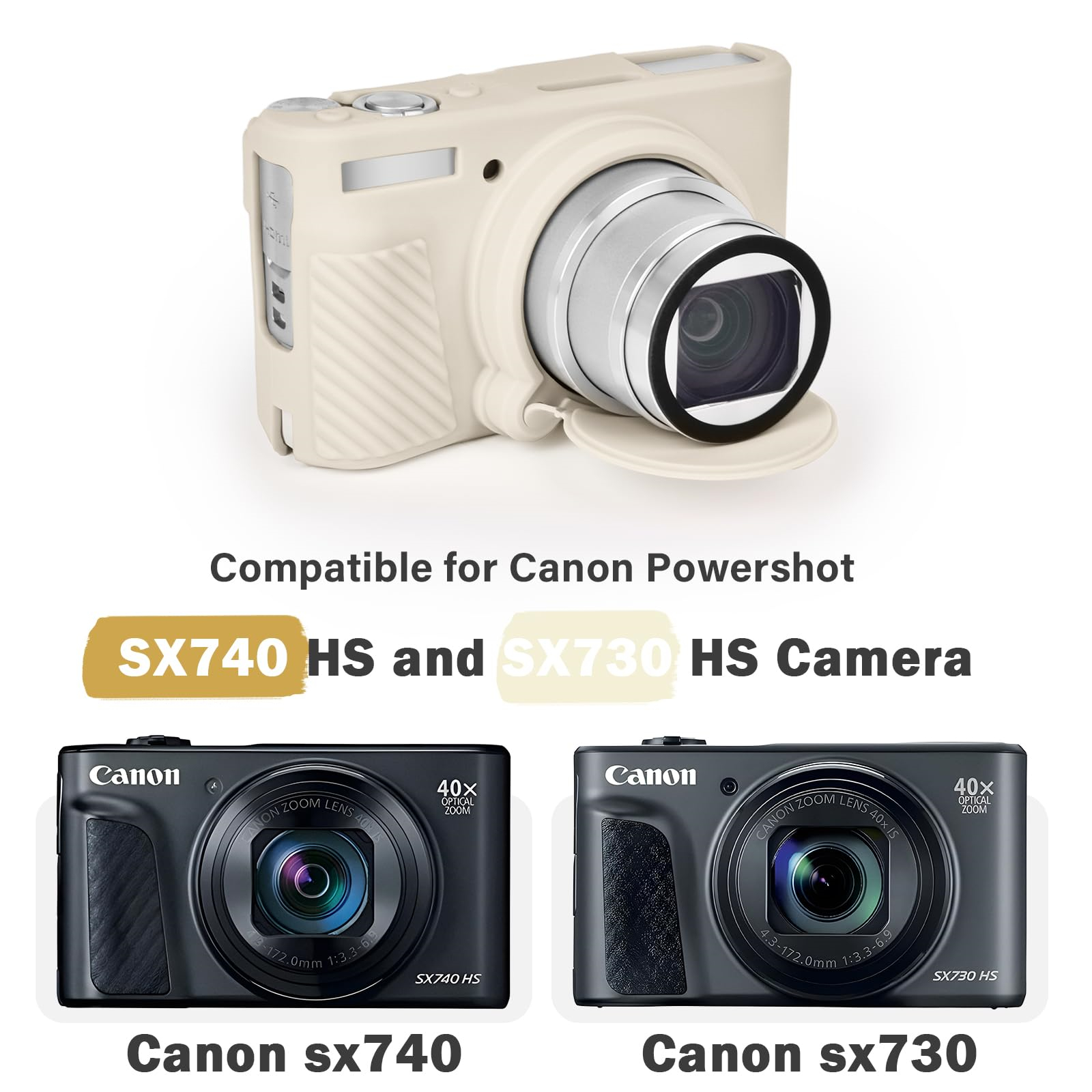 Eine Kamera und zwei Canon Powershot-Modelle mit cremefarbenem Kameragehäuse. Text sagt 'Kompatibel für Canon Powershot'.