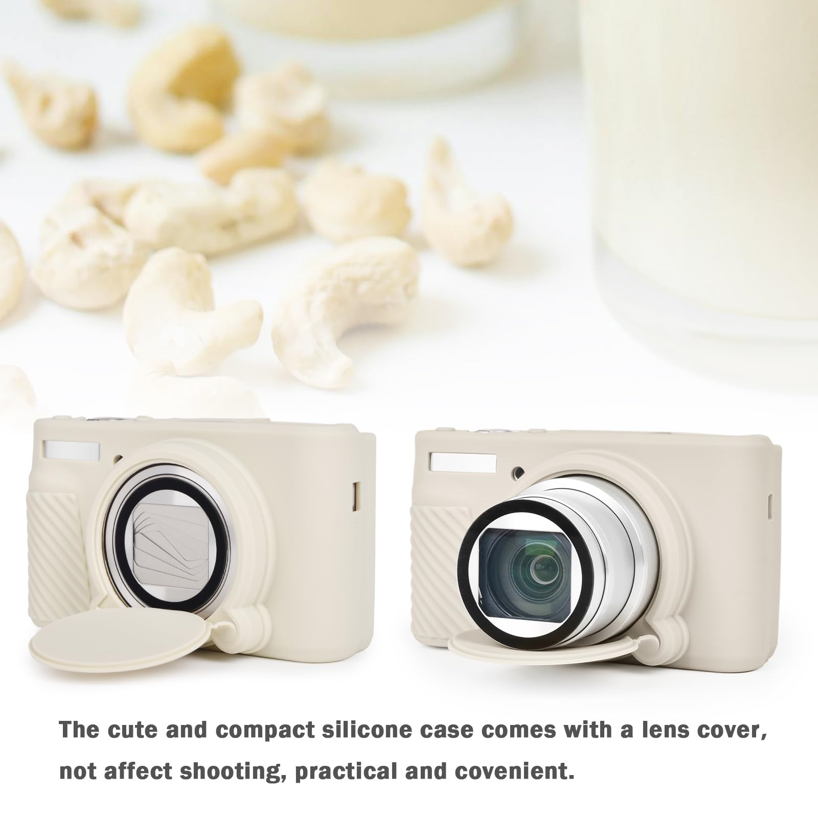 Zwei beige Kamerahüllen, eine mit geöffnetem Deckel. Cashewnüsse im Hintergrund, in der Nähe eines Glases mit weißer Flüssigkeit.