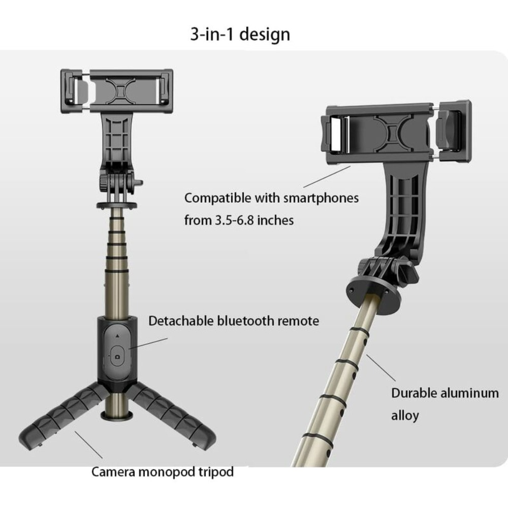 Ein schwarzes Kamera-Monopod-Stativ wird mit einer abnehmbaren Bluetooth-Fernbedienung gezeigt. Das Setup ist 3-in-1-Design.