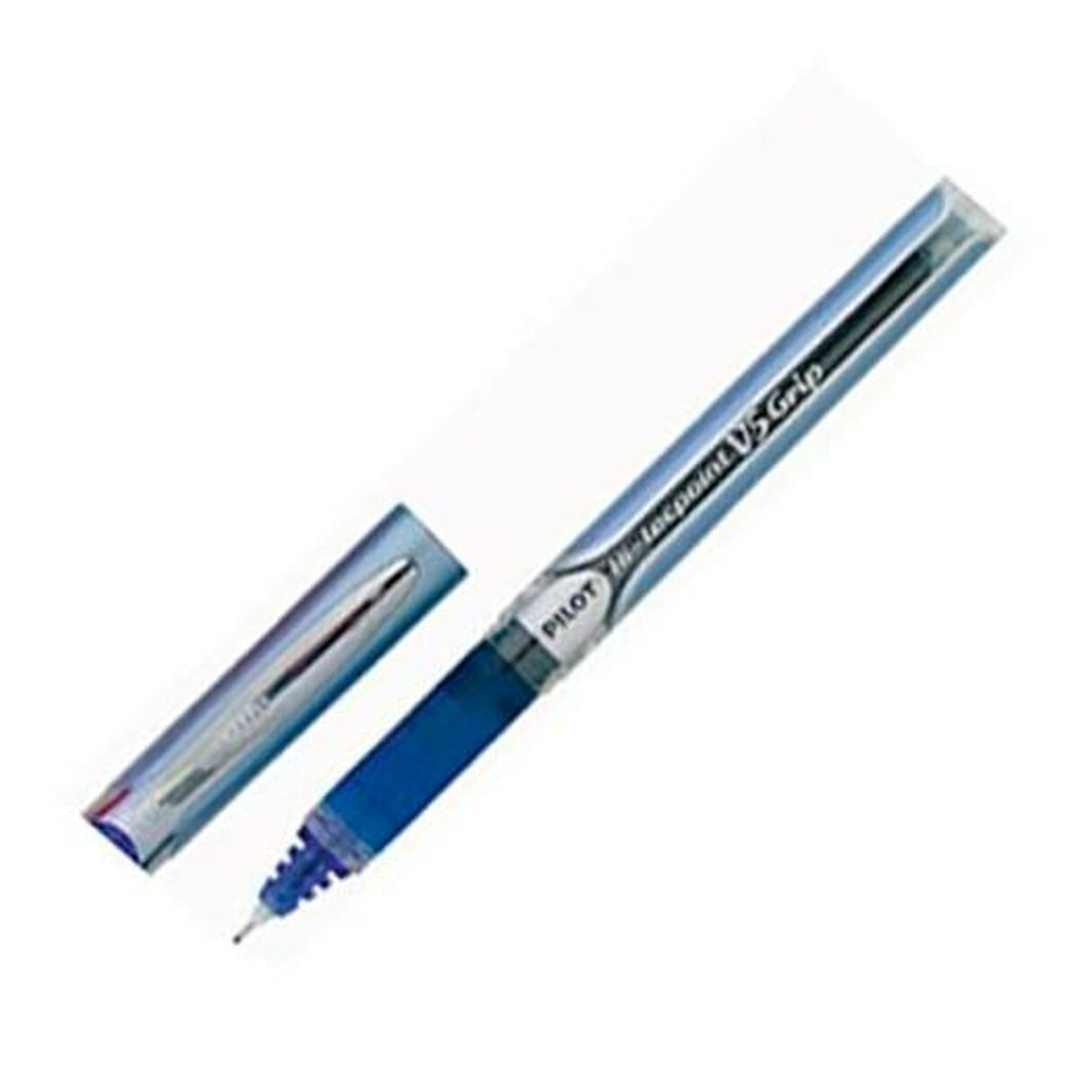 Blauer Pilot Hi-tecpoint V5 Grip Stift, mit abgenommener Kappe. Der Stift befindet sich auf weißem Hintergrund mit transparentem Gehäuse.