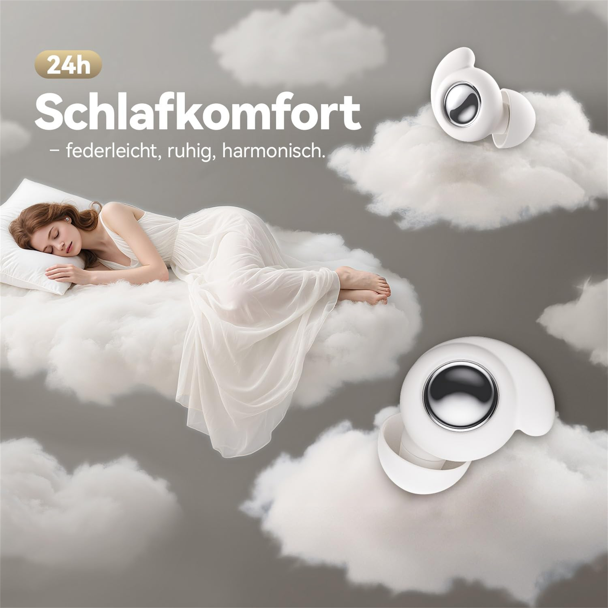 Frau schläft auf Wolken mit Ohrhörern. Text sagt 24h Schlafkomfort. Ohrhörer schweben in der Luft.