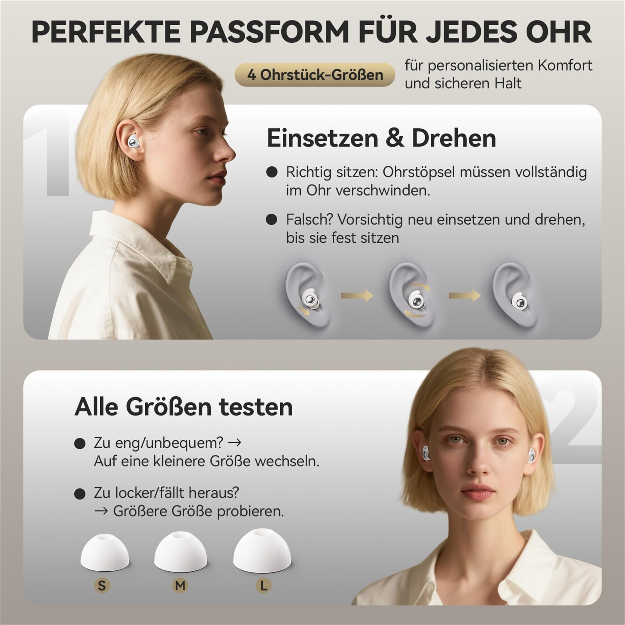 Diagramm, das zeigt, wie man Ohrstöpsel richtig einsetzt, mit einer Frau, die den Vorgang demonstriert, und verschiedenen Größenoptionen.