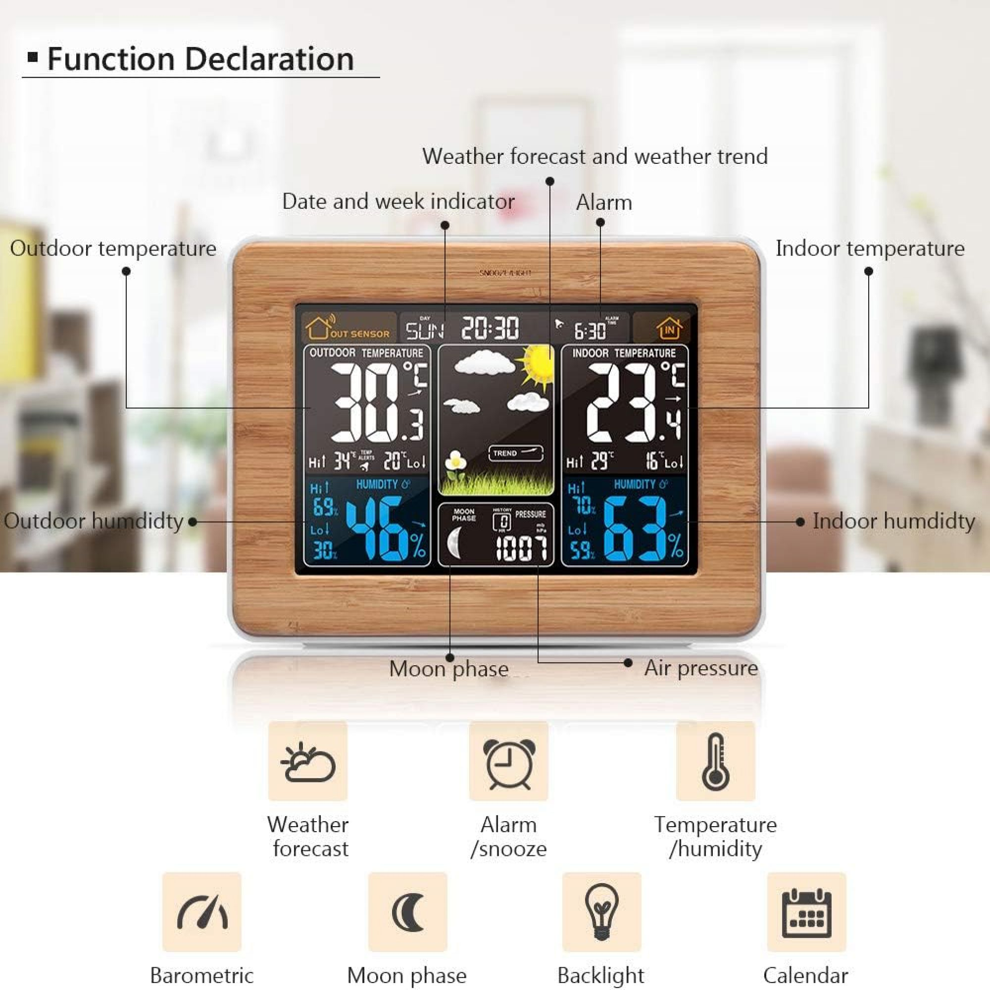 Wetterstation mit Holzrahmen und verschiedenen Symbolen und Datendisplays: Temperatur, Luftfeuchtigkeit und mehr.