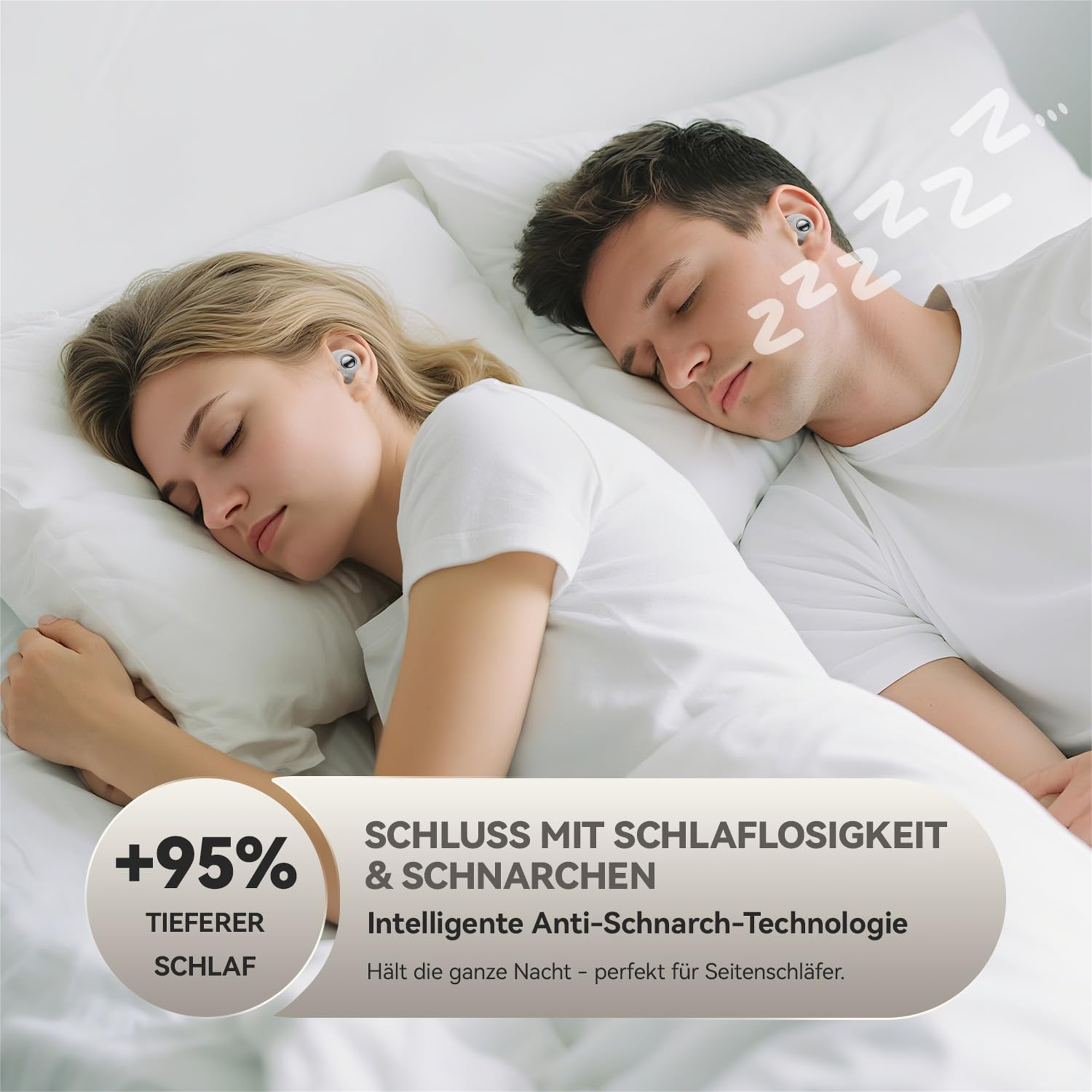 Ein Paar schläft mit Ohrhörern. Text sagt +95% tieferer Schlaf. Eine Grafik zeigt Zzz's.