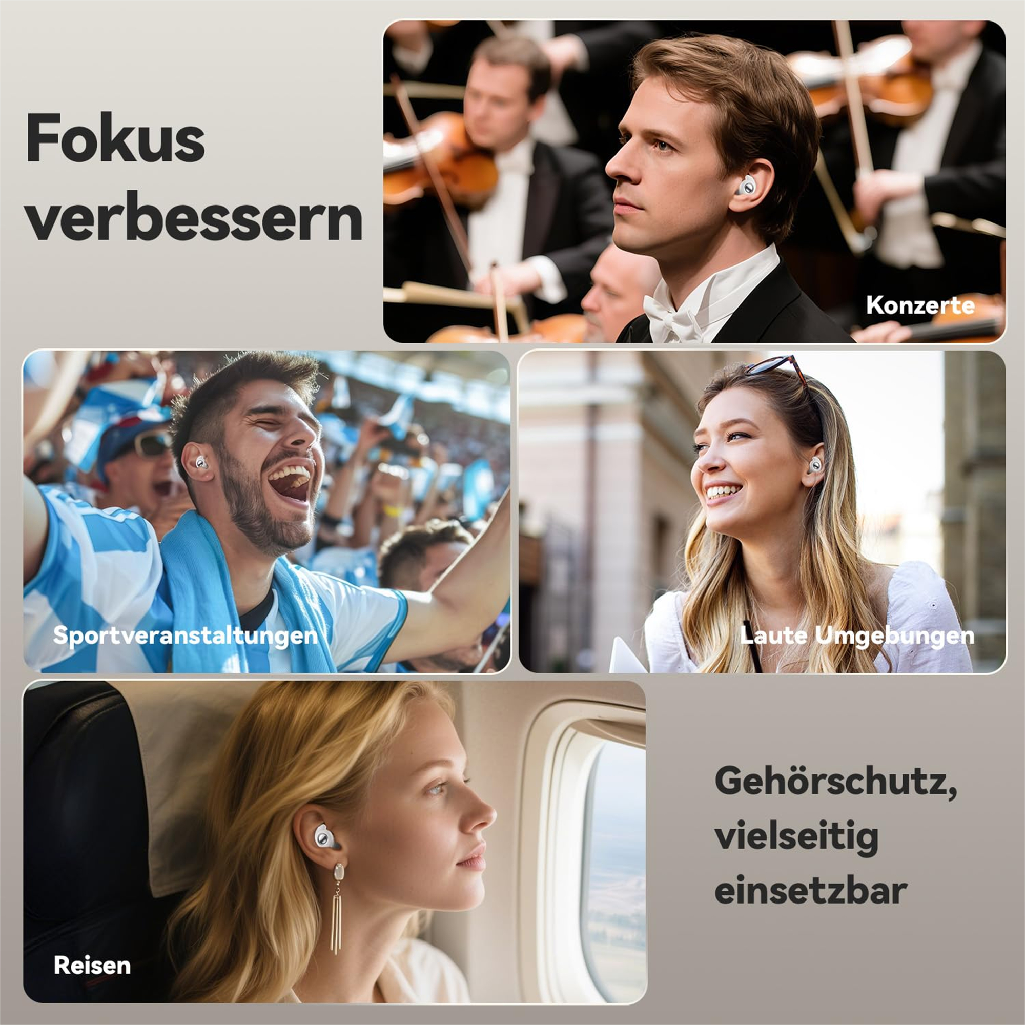 Vier Bilder zeigen Menschen, die Ohrhörer in verschiedenen Szenarien verwenden: Konzert, Sportereignis, Reise.