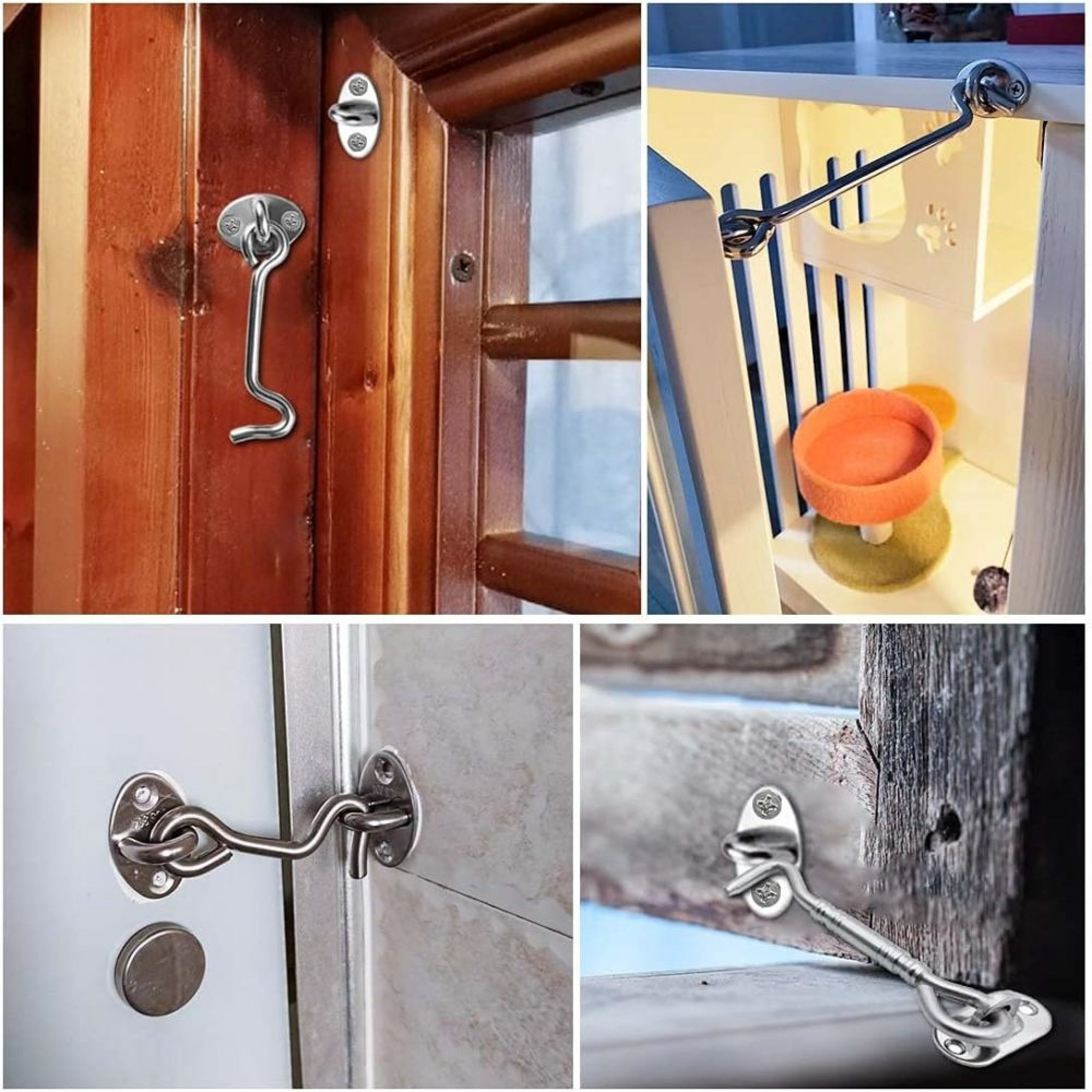 Vier Bilder zeigen verschiedene Haken, die auf Holz und anderen Materialien installiert sind, drinnen und draußen.