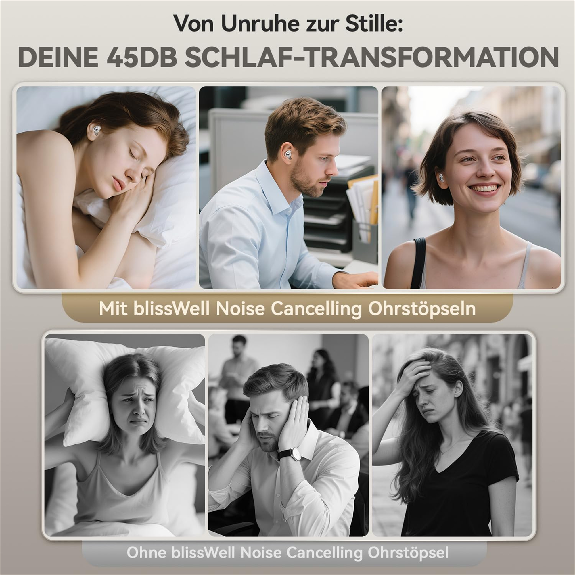 Sechs Bilder zeigen Vorher-Nachher-Effekte der Verwendung von Ohrhörern: Schlafen, Arbeiten, in der Öffentlichkeit.