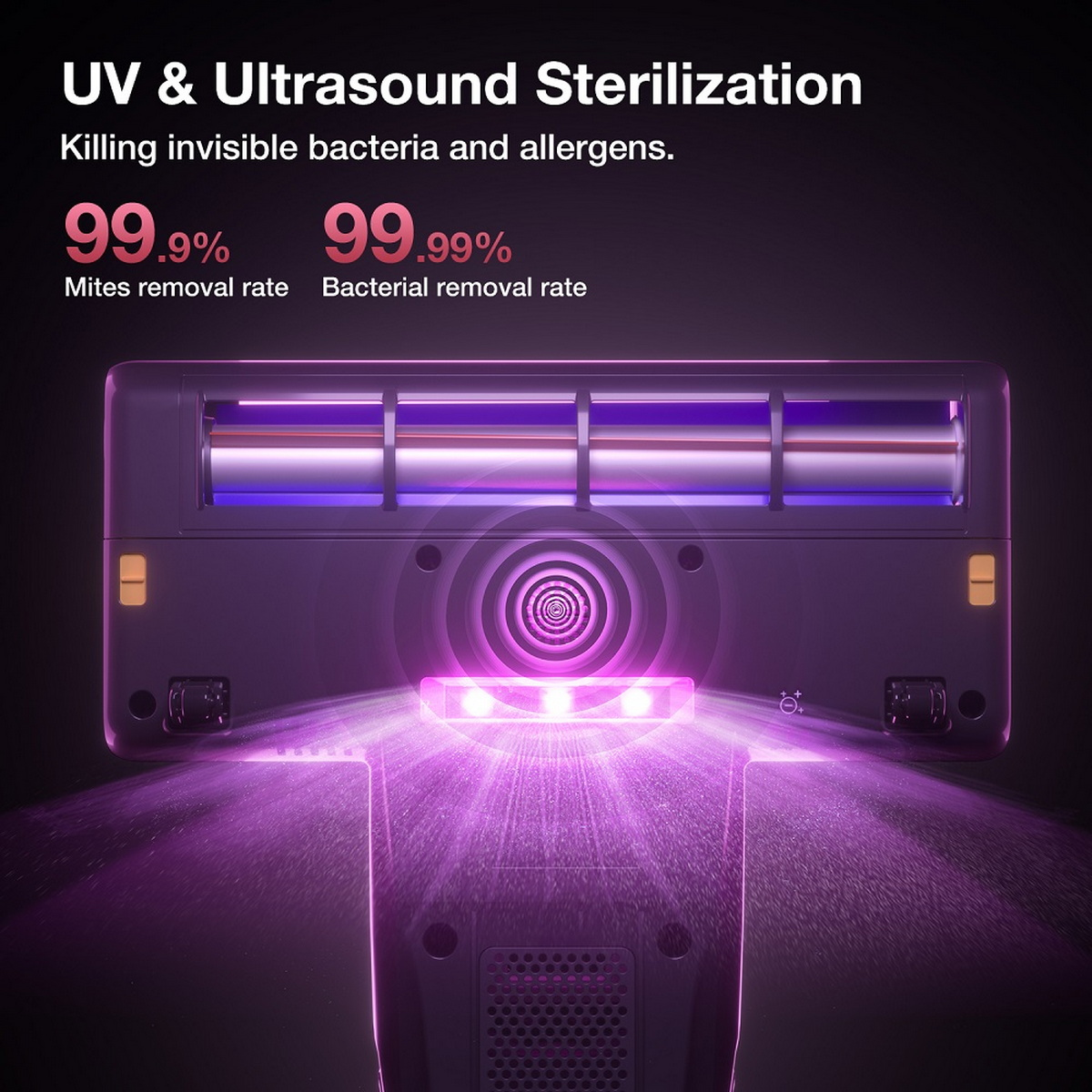Ein Staubsauger mit UV- und Ultraschallsterilisationsfunktionen wird angezeigt. Das Bild zeigt, wie der Reiniger violettes Licht emittiert.