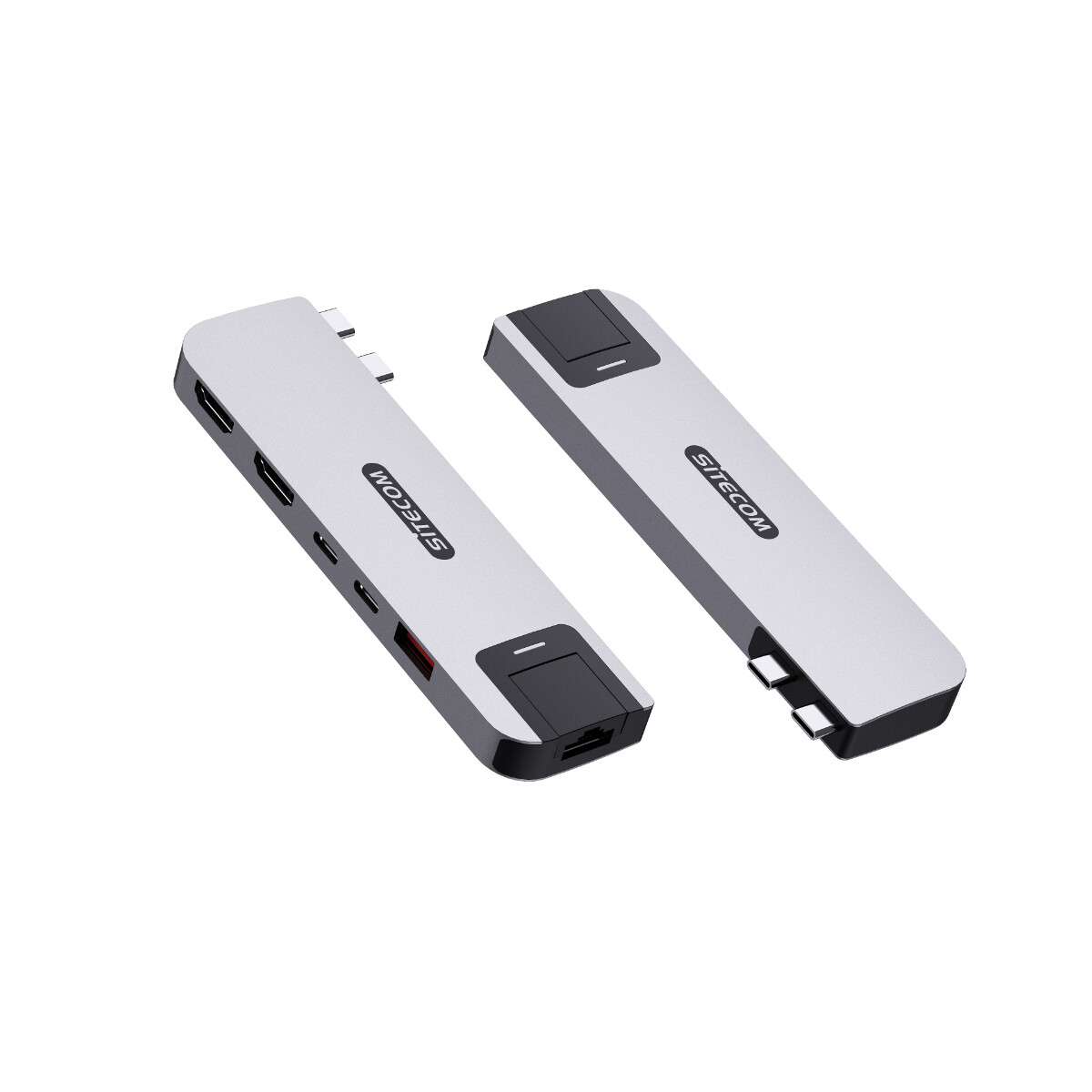 Zwei silberne und schwarze SITECOM USB-Hubs auf weißem Hintergrund, leicht angewinkelt.