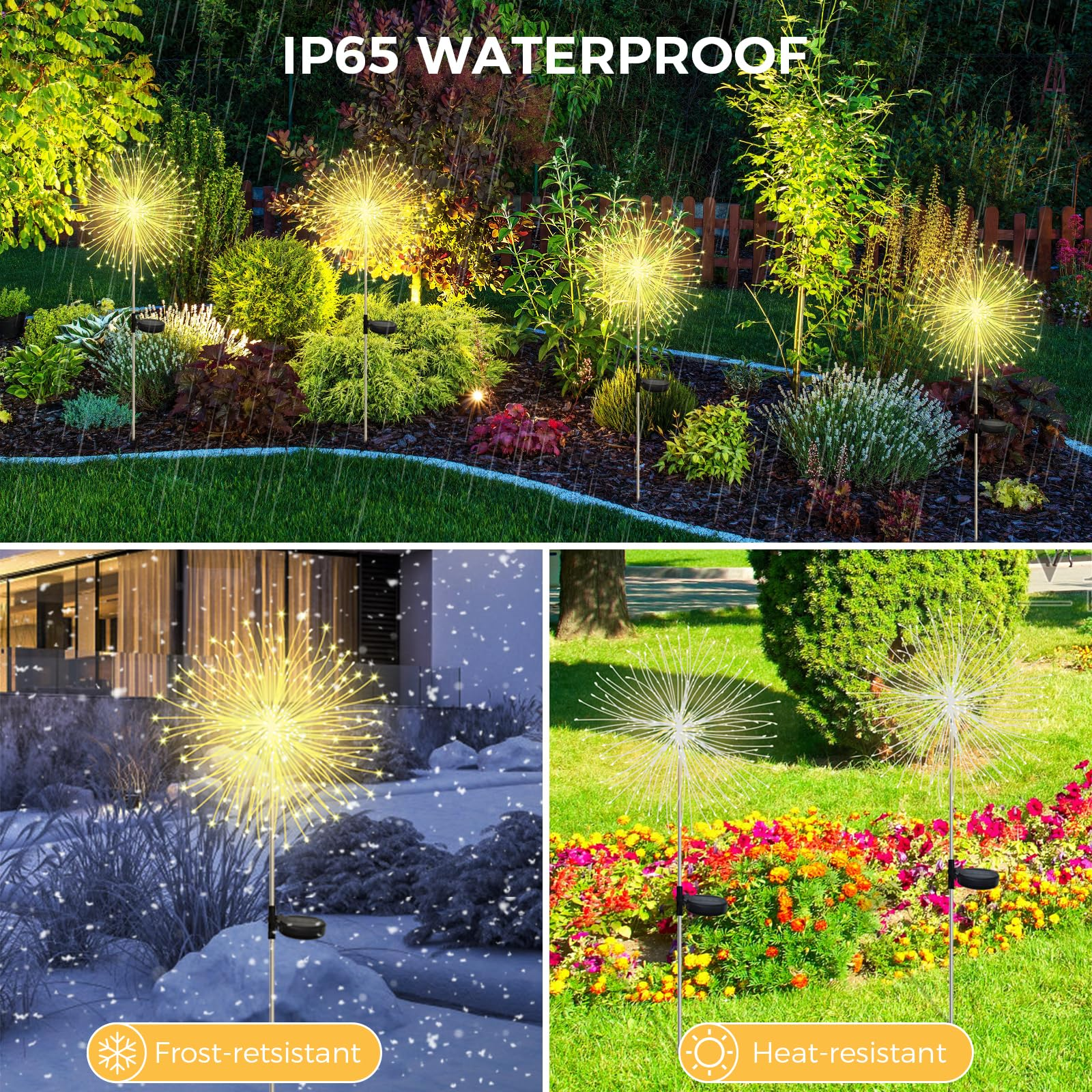Solar-Gartenleuchten bei Regen und Sonne, die wasserdichten und hitzebeständigen Eigenschaften zeigen.
