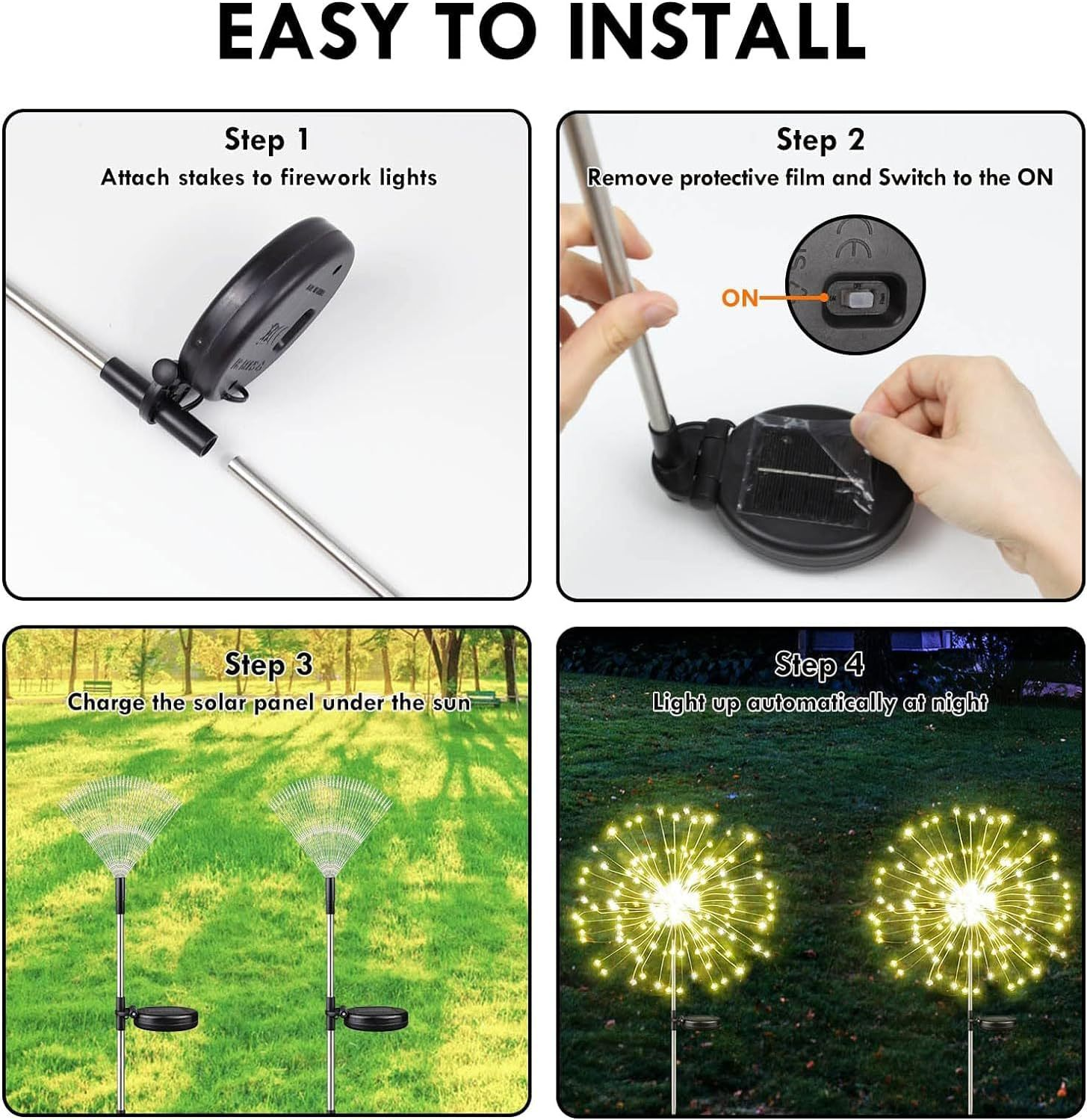 Vierteiliges Bild, das die Installationsschritte für Solarleuchten in einem Garten zeigt.