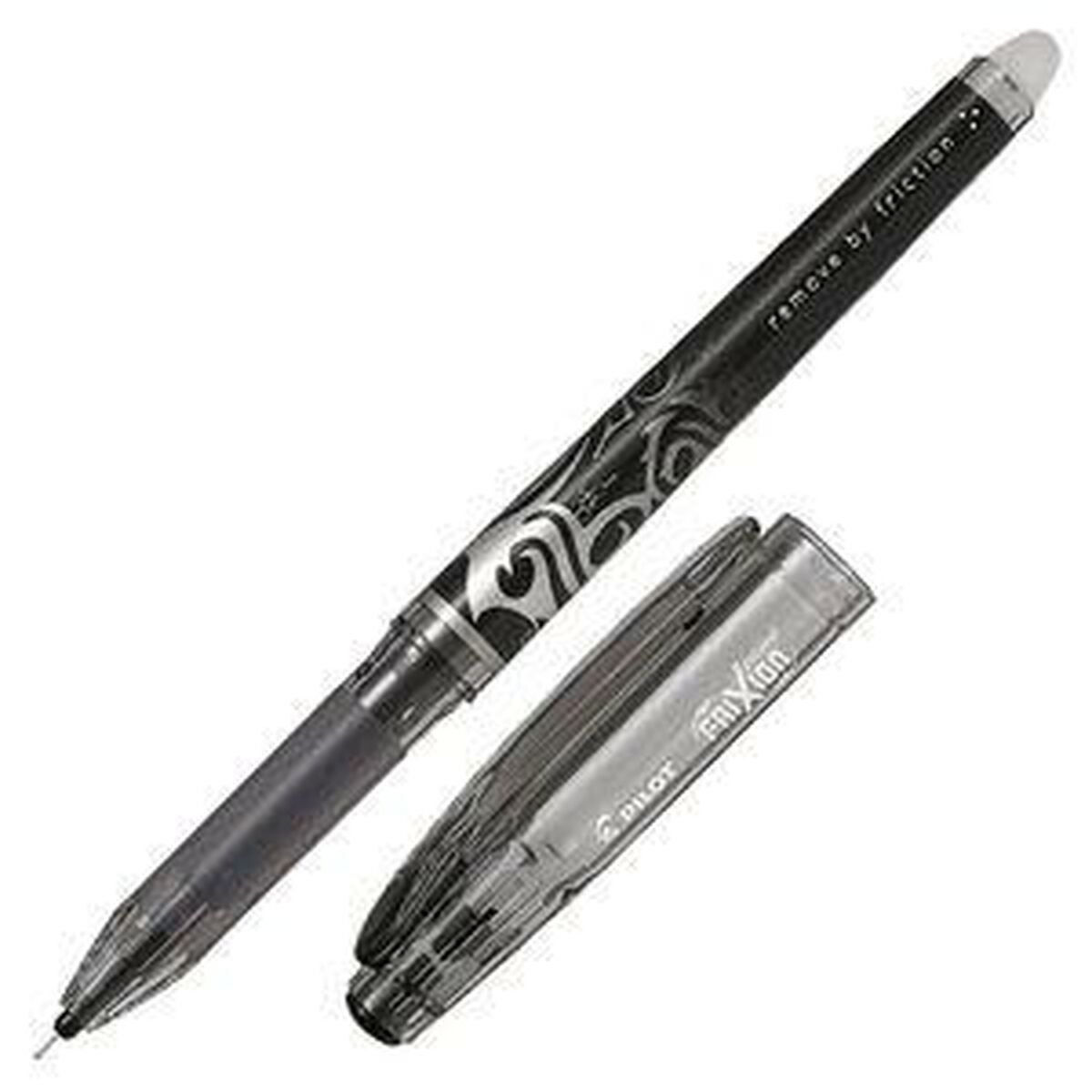 Ein schwarzer Stift mit transparentem Verschluss, mit dem Schriftzug 'remove by friction'.