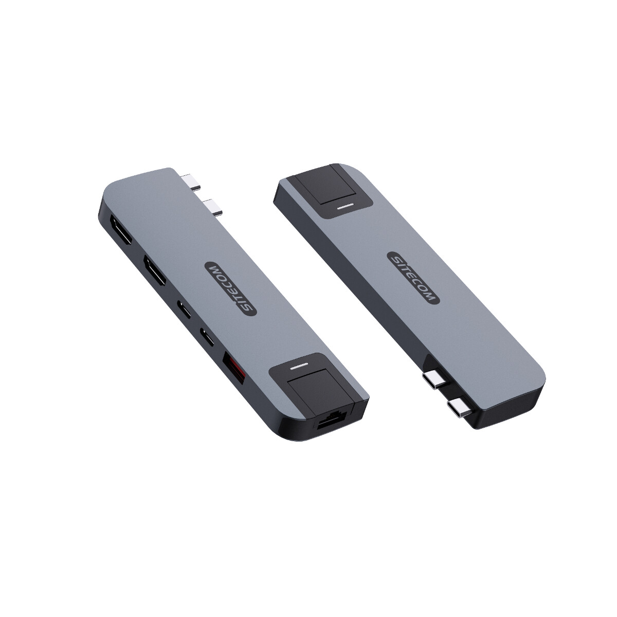Zwei graue Multiport-Adapter nebeneinander. Die Marke ist SITECOM. Sie haben verschiedene Anschlüsse.