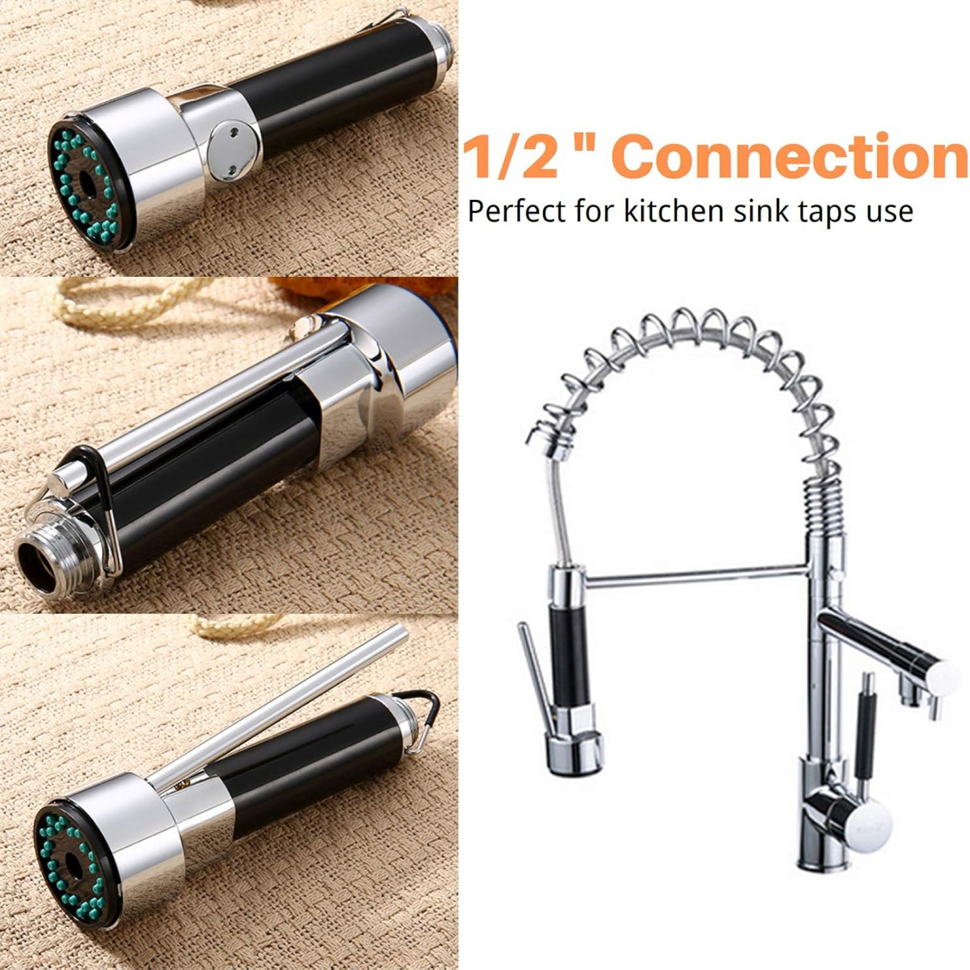Eine Küchenarmatur mit drei Ansichten. Der Wasserhahn ist schwarz mit Chrom-Finish und einen Sprüher mit grünen Düsen.