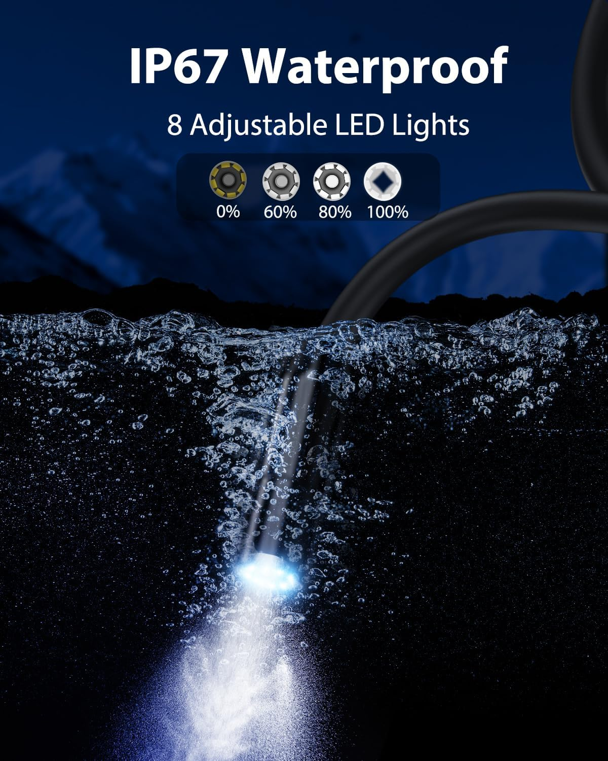 Eine Unterwasserszene zeigt Wasserblasen und Lichtstrahlen von einer LED-Leuchte, mit Text über wasserdichte und LED-Leuchten.