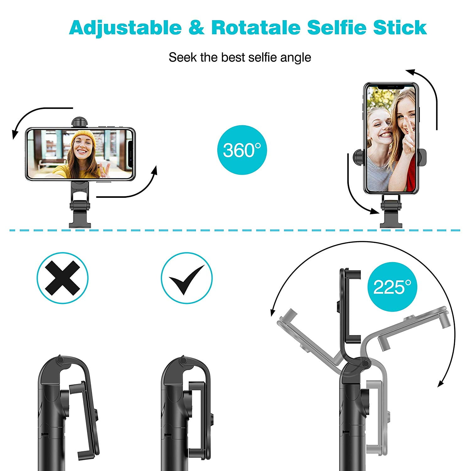 Diagramm zeigt einen Selfie-Stick mit verstellbarem Telefonhalter für mehrere Winkel.