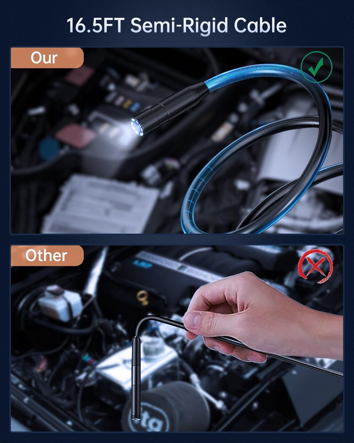 Ein halbsteifes Kabel mit Licht am Ende, im Einsatz in einem Motorraum. Vergleich mit flexiblem Kabel.