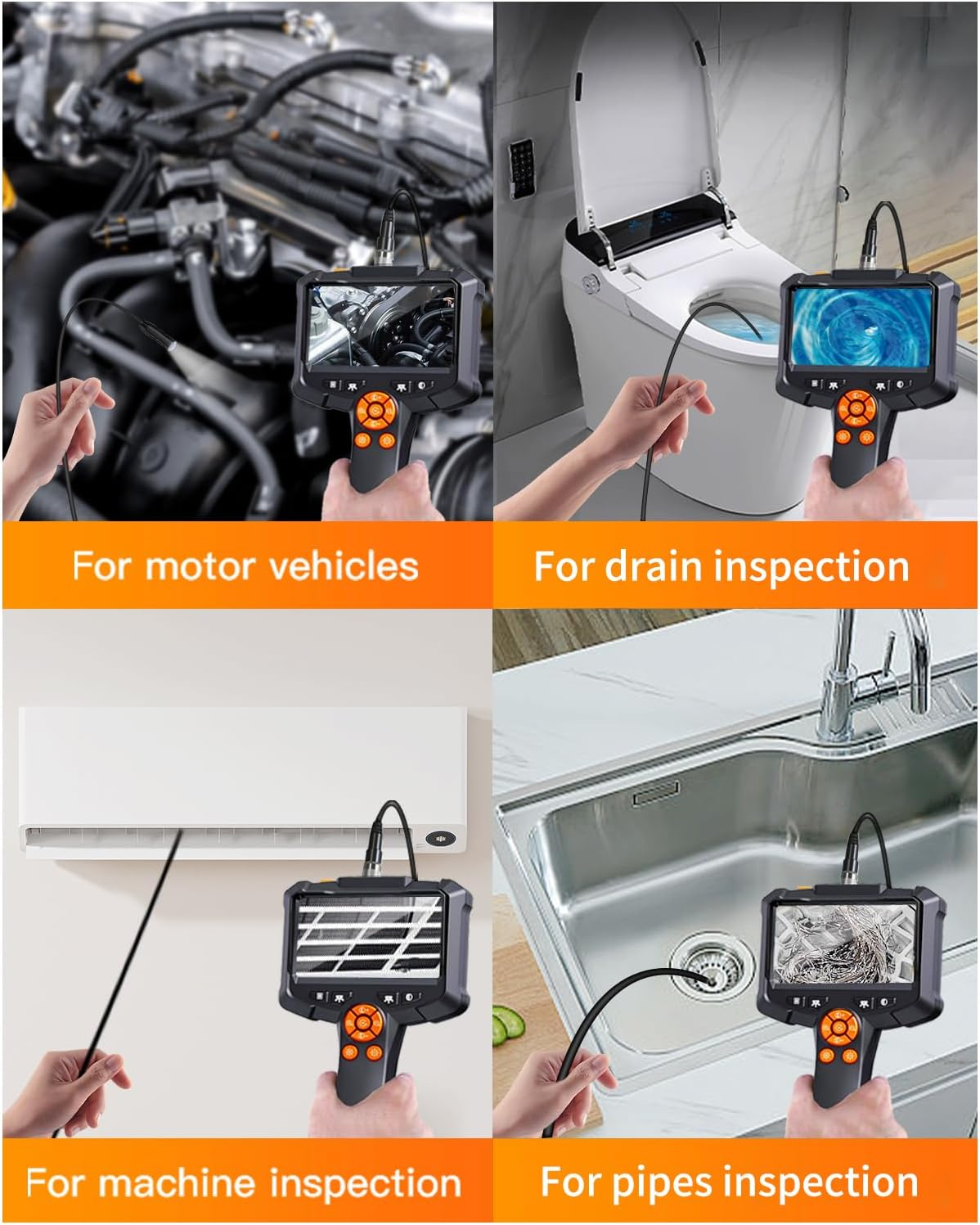 Endoskop in einem Automotor, einer Toilette, einer Lüftungsöffnung und einem Waschbecken. Verschiedene Anwendungen.