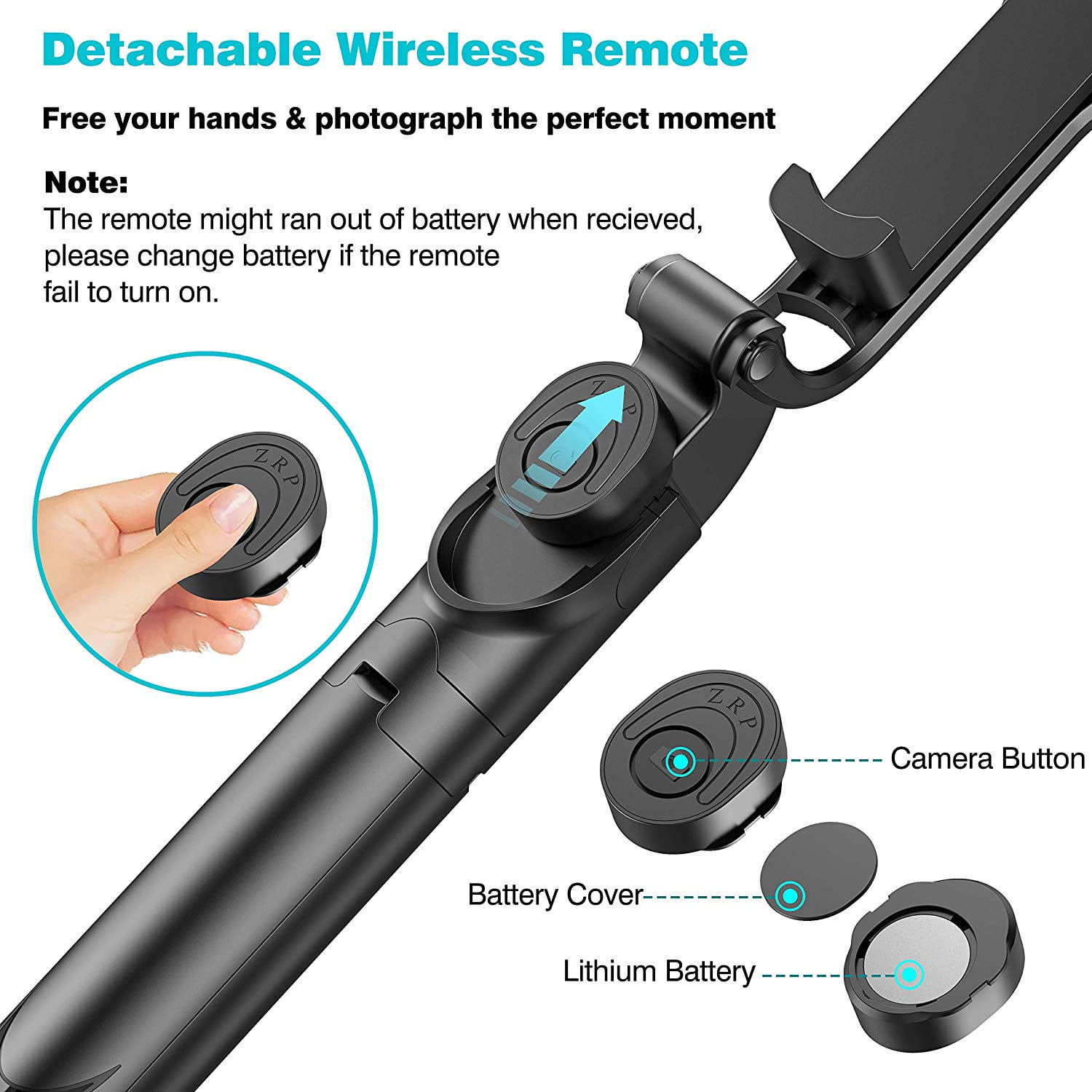 Ein Selfie-Stick mit abnehmbarer Fernbedienung. Fernbedienung, Batterieabdeckung und Batterie sind gezeigt.