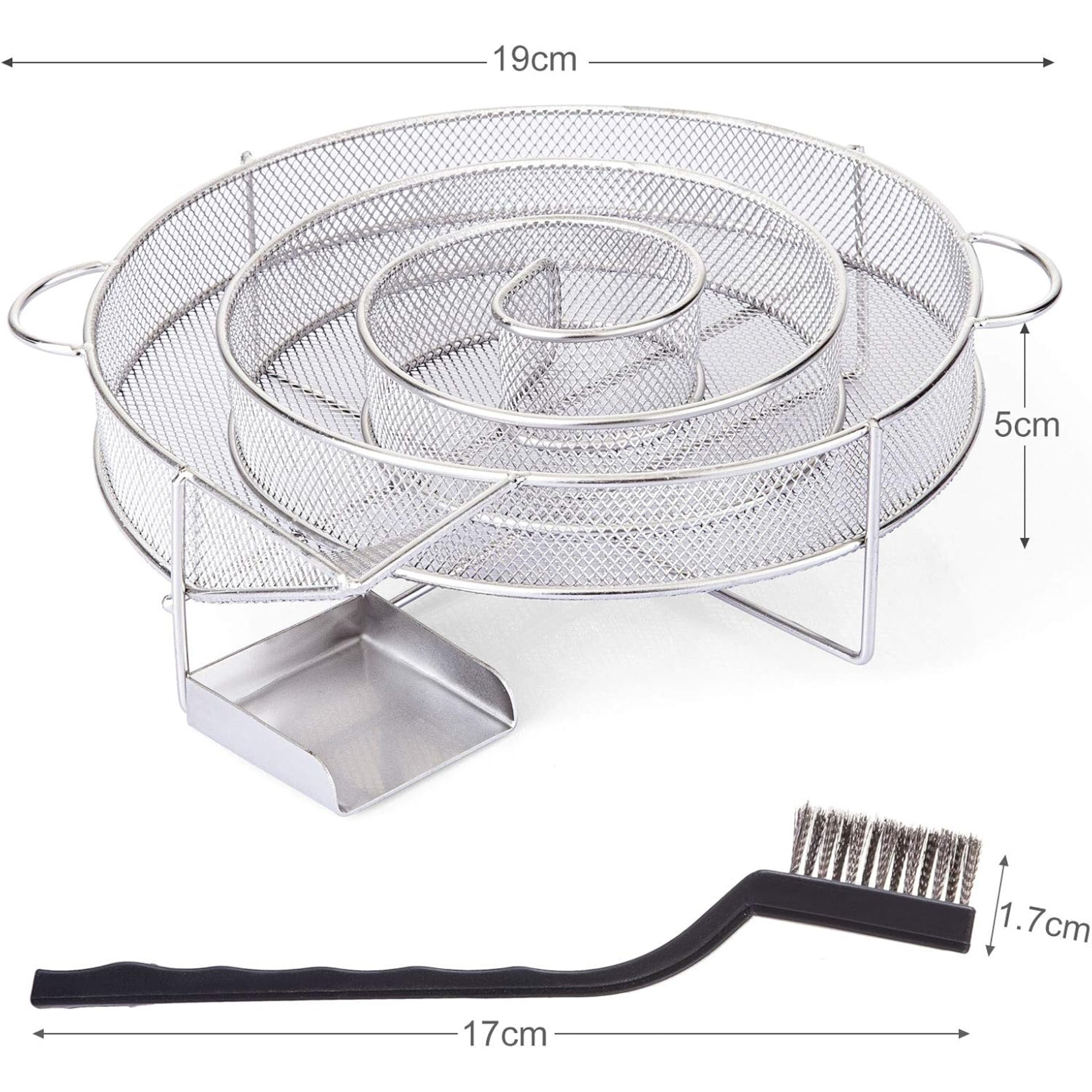Ein Metall-Spiralraucher mit einer Bürste und einer Schale mit Abmessungen. Die Bürste ist schwarz und die Schale hat einen kleinen Griff.