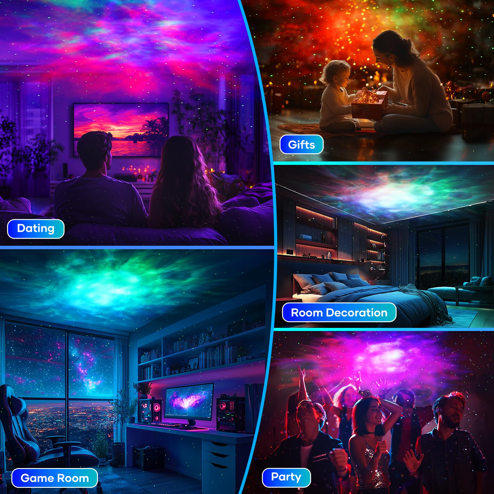 Ein Projektor zeigt bunte Lichter in einem Raum. Es gibt Bilder zu Dating, Geschenken, Raumdekoration, Party und Spielzimmer.