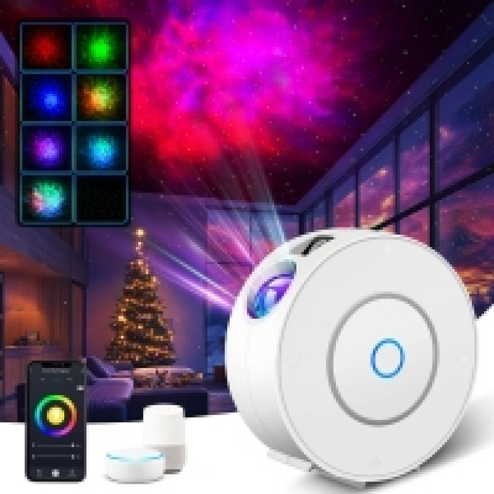 Ein weißer Projektor projiziert einen farbenfrohen Sternenhimmel an eine Decke. Ein Telefon und ein Smart Speaker sind in der Nähe.