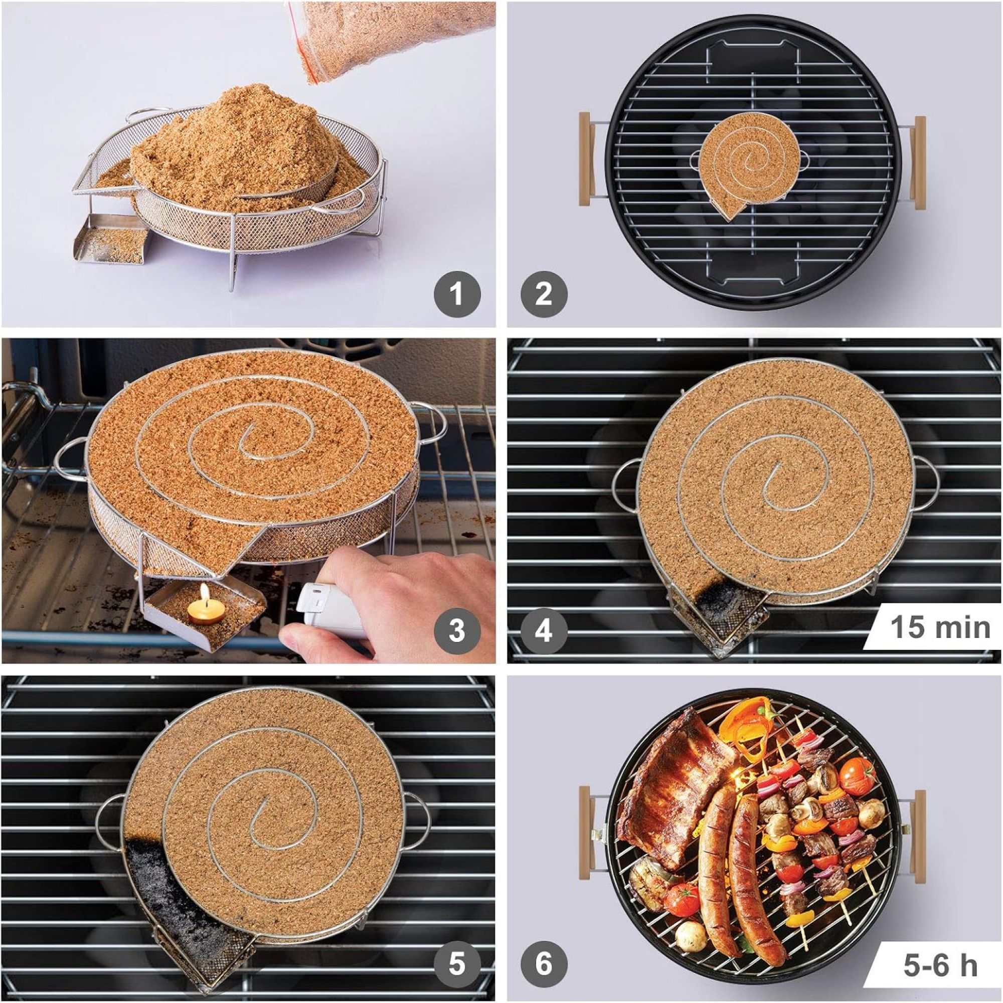 Schritt-für-Schritt-Anleitung zur Verwendung eines Spiral-Rauchers. Es zeigt das Befüllen, Anzünden und Platzieren auf einem Grill.