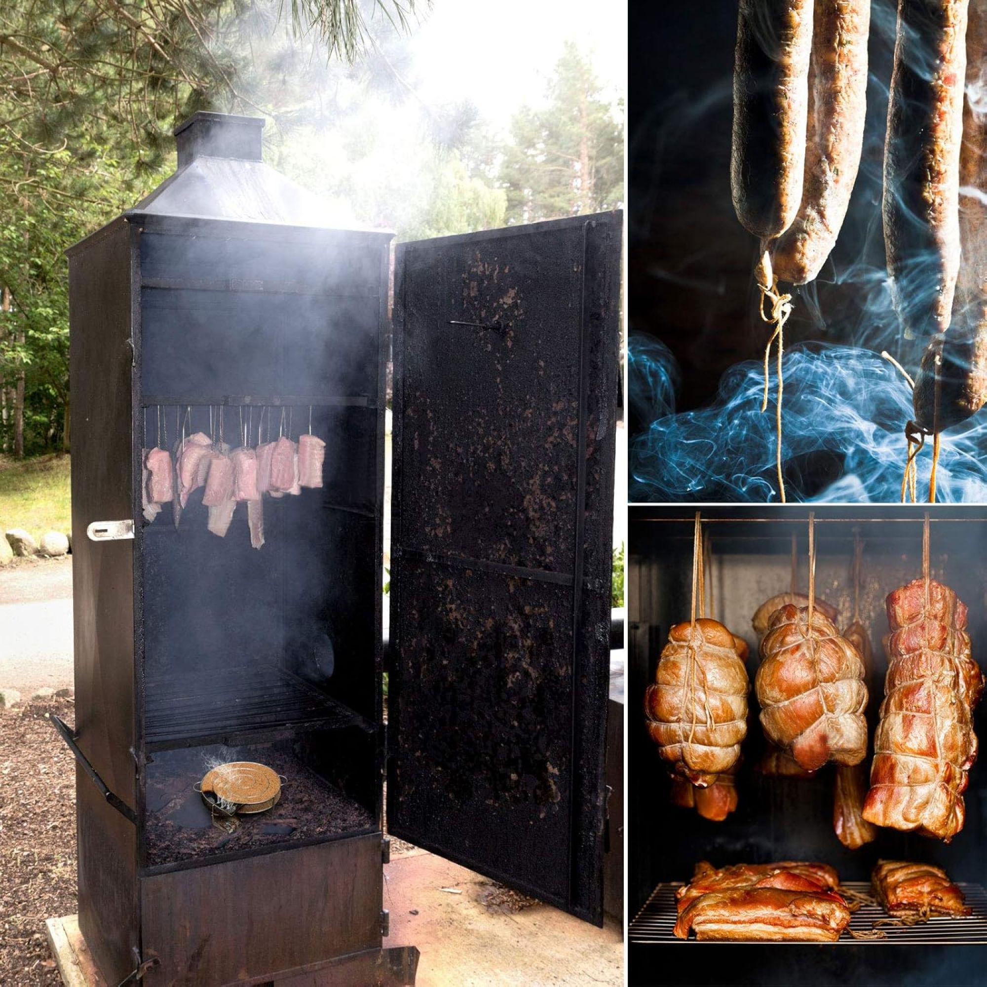 Ein Raucher mit hängendem Fleisch und Würstchen. Rauch kommt aus der offenen Tür. Es gibt einen Waldhintergrund.