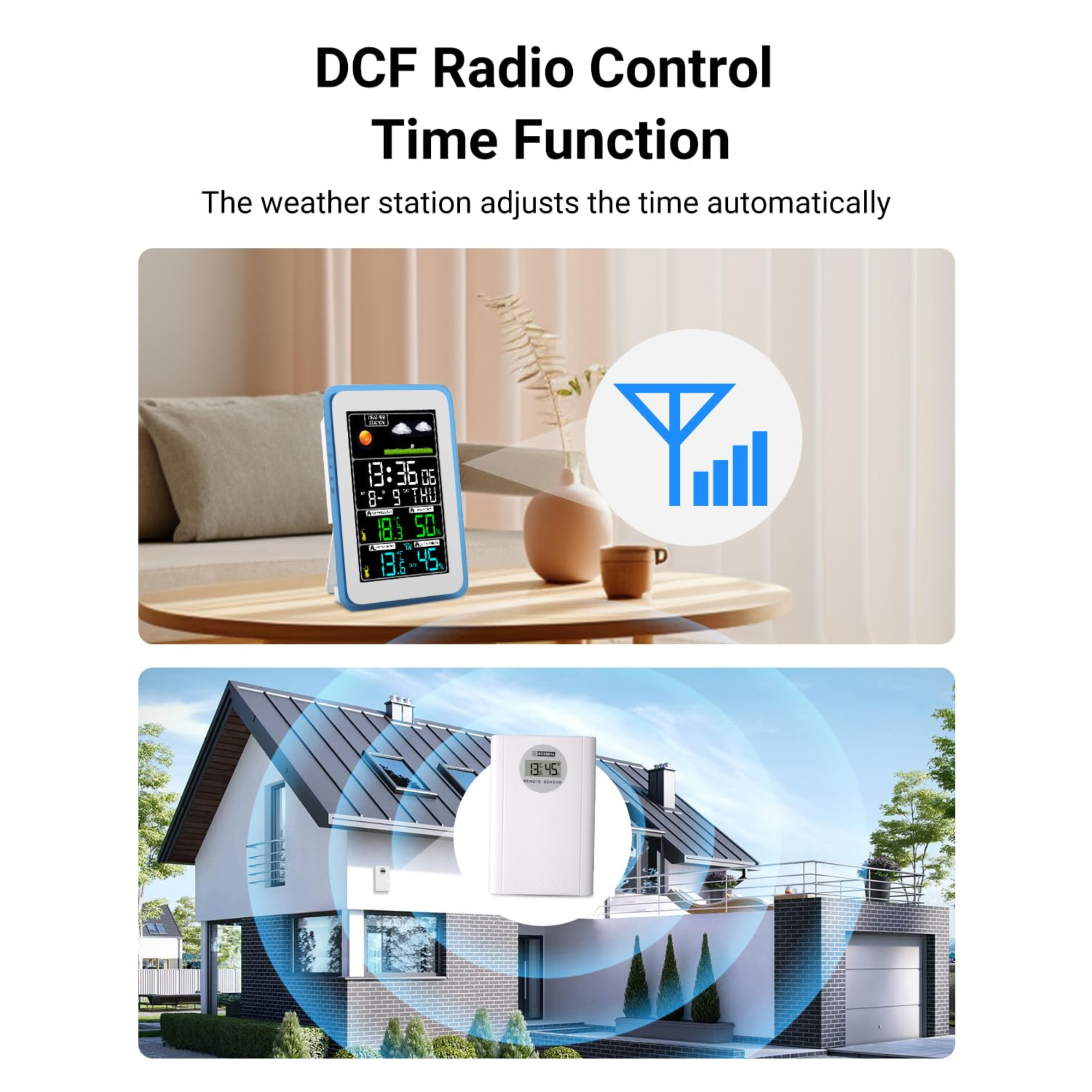 Eine Wetterstation mit automatischer Zeiteinstellung. Ein Haus und ein Signalsymbol werden angezeigt.