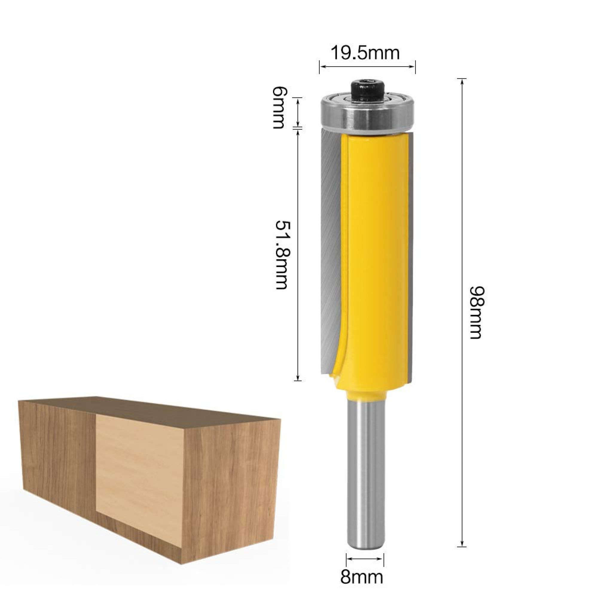 Ein gelbes und silbernes Fräserbit, neben einem Holzstück, mit den Maßen des Bits.