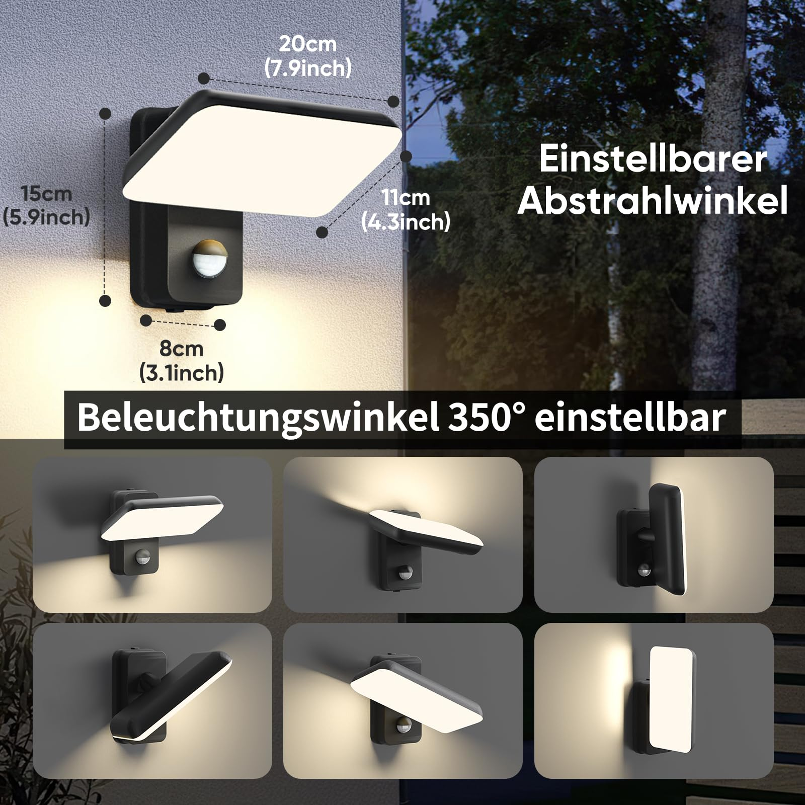 Eine schwarze Außenwandleuchte mit einstellbarem Lichtwinkel. Die Leuchte befindet sich an einer grauen Wand, mit Abmessungen angezeigt.